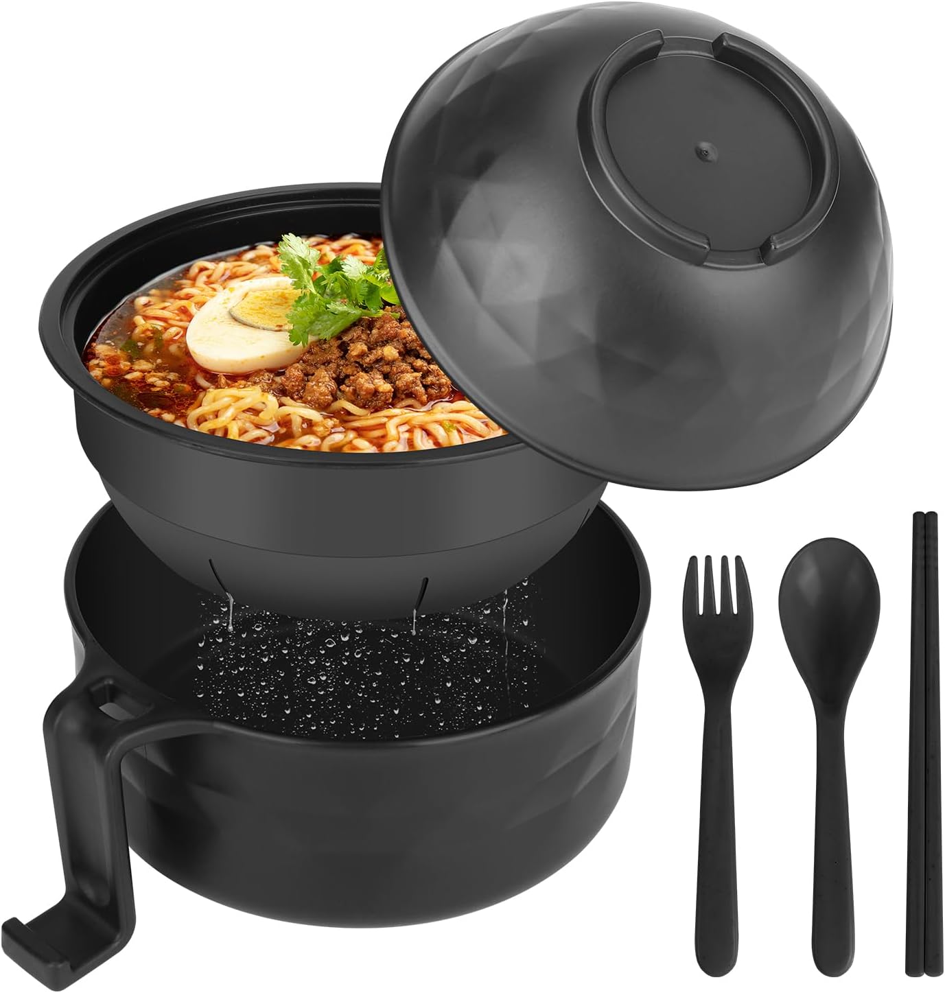 Ramen Bowl Set, Ramen Cooker 33 oz, Ramen Bowls with Chopsticks and Spoon, Microwave Pasta Cooker, College Dorm Essentials for Girls Guys (Black) - Image 1