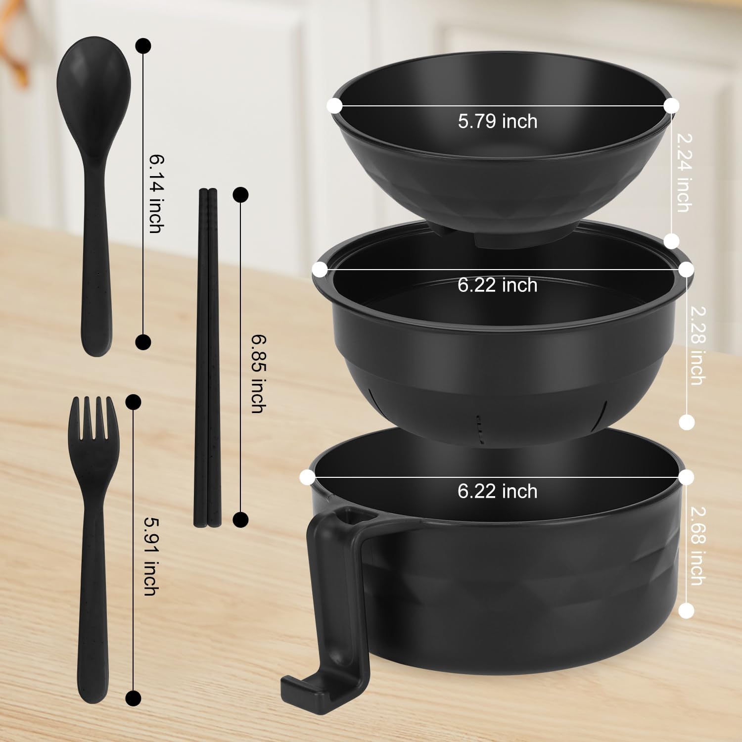 Ramen Bowl Set, Ramen Cooker 33 oz, Ramen Bowls with Chopsticks and Spoon, Microwave Pasta Cooker, College Dorm Essentials for Girls Guys (Black) - Image 2