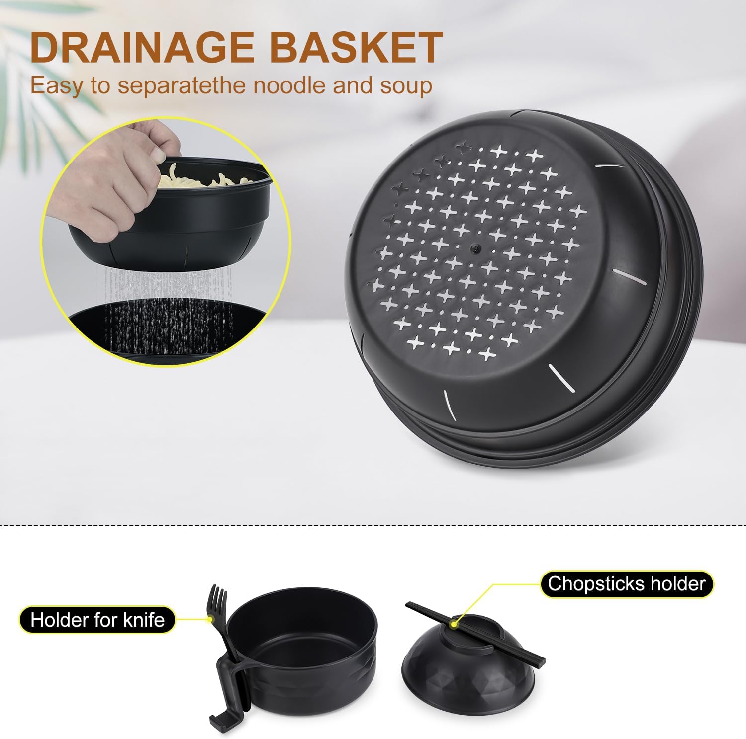 Ramen Bowl Set, Ramen Cooker 33 oz, Ramen Bowls with Chopsticks and Spoon, Microwave Pasta Cooker, College Dorm Essentials for Girls Guys (Black) - Image 4