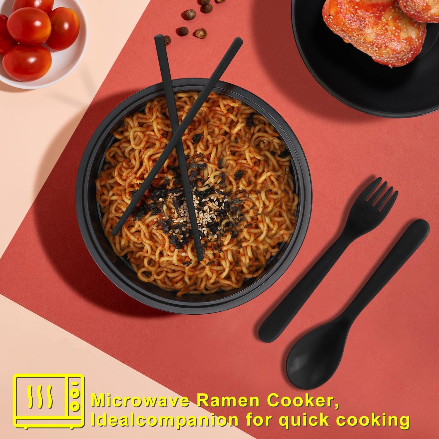Ramen Bowl Set, Ramen Cooker 33 oz, Ramen Bowls with Chopsticks and Spoon, Microwave Pasta Cooker, College Dorm Essentials for Girls Guys (Black) - Image 6