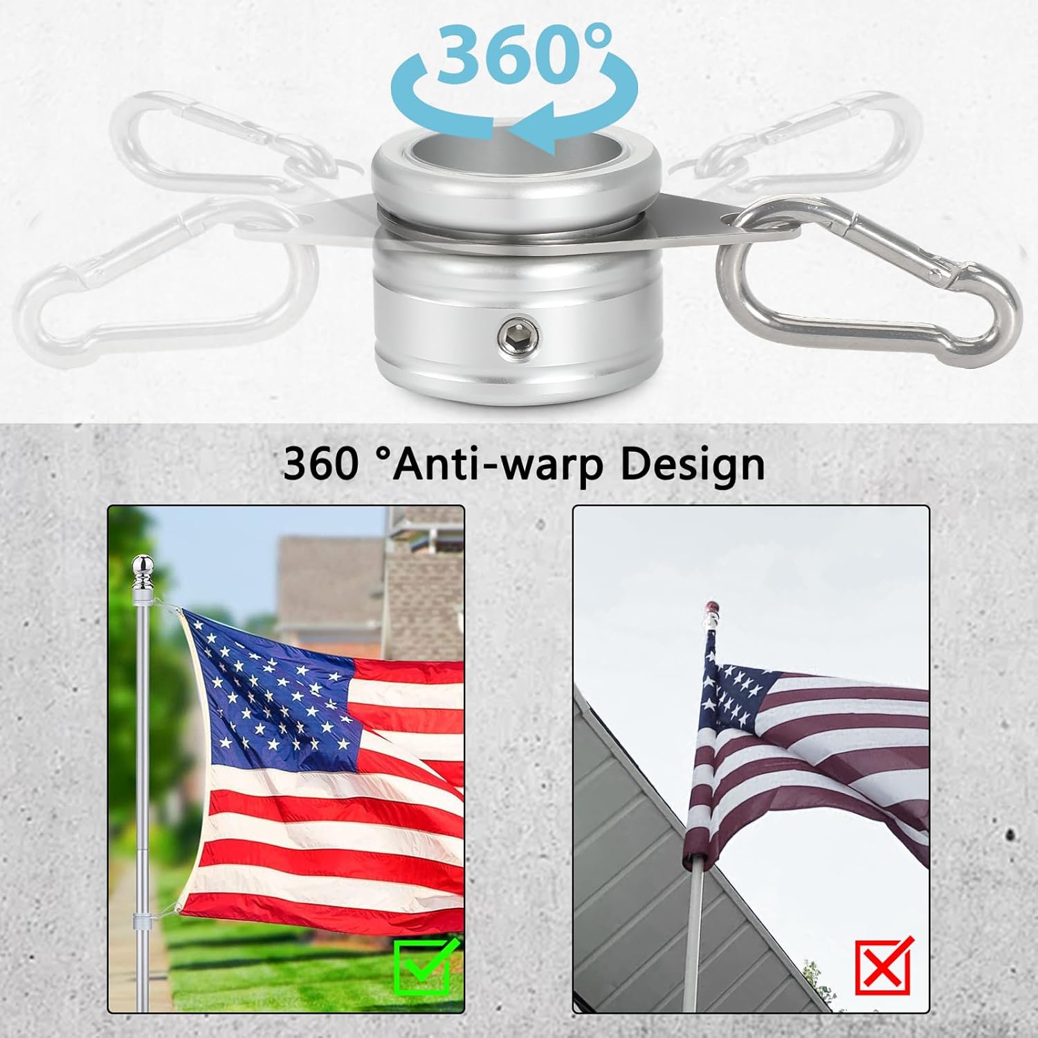 Flag Pole Rings, Aluminum Alloy Flag Pole Clips Swivels 360° Rotating Anti Wrap Mounting Ring with Carabiner, Flag Pole Kit Parts (Φ:1 Inch -Pack of 2(Silver)) - Image 6