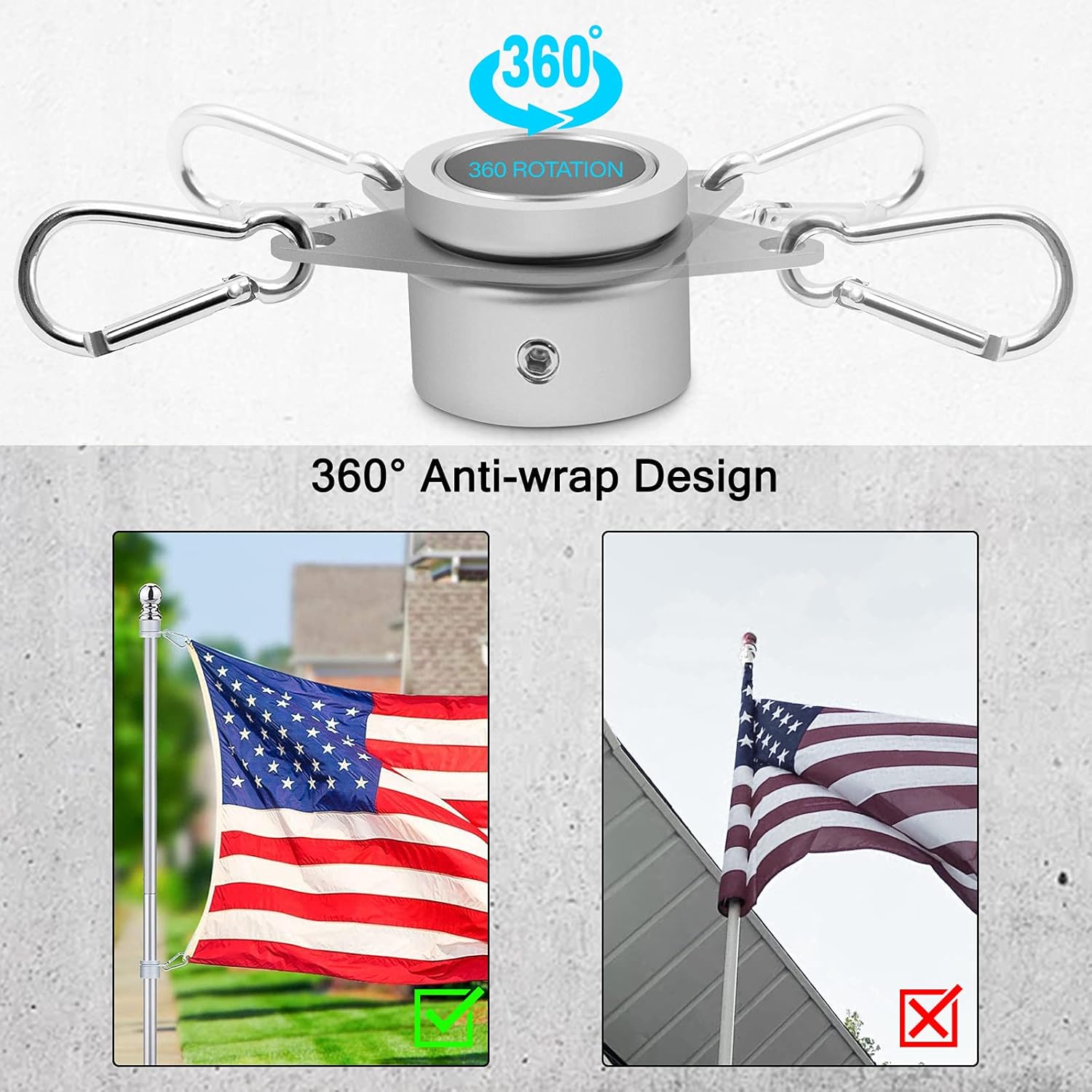 Flag Pole Rings, Aluminum Alloy Flagpole Rings 360° Rotating Anti Wrap Mounting Ring, Spinning Clips with Carabiner for 0.75-1.02 Inch Diameter- Pack of 2 (Matte Silver) - Image 2