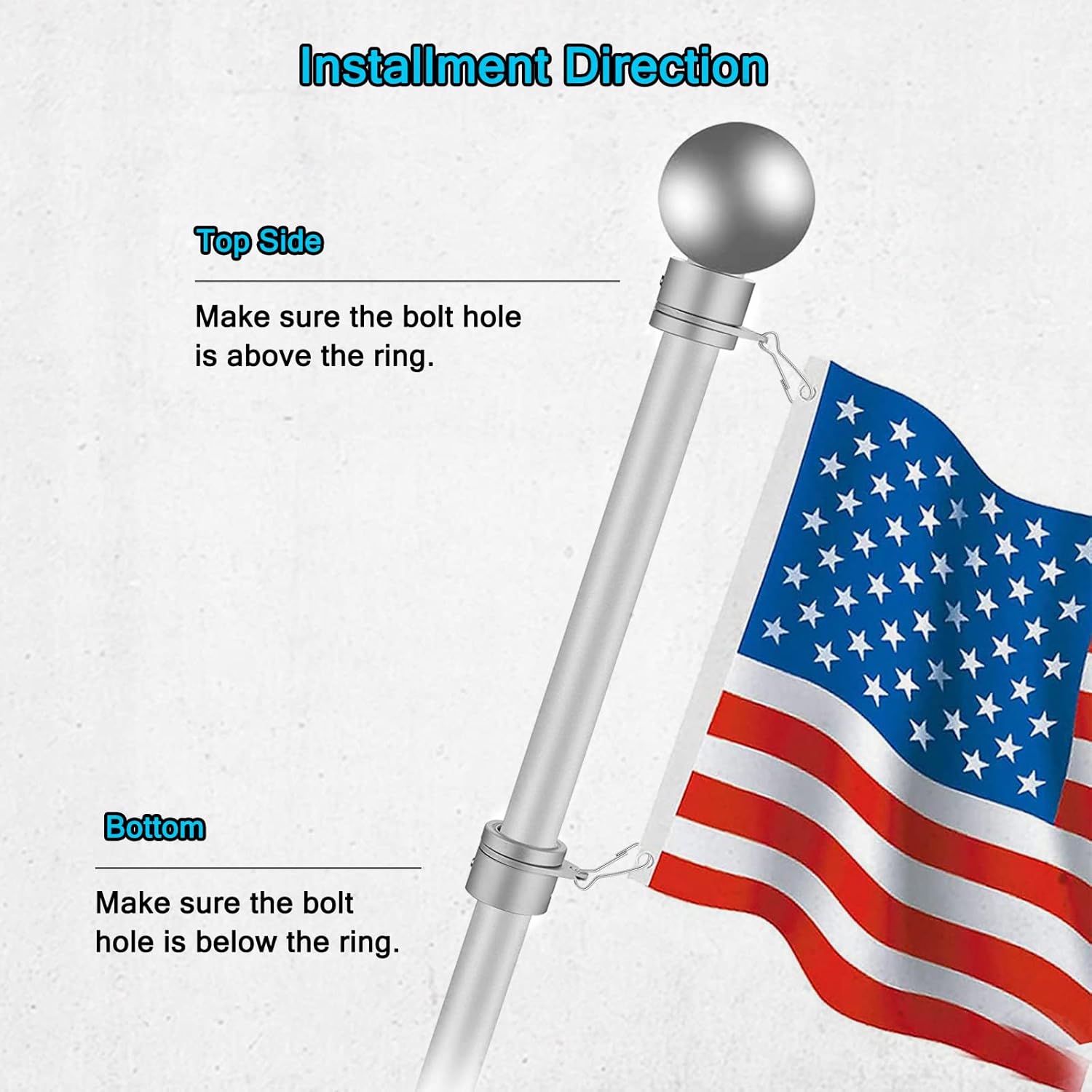 Flag Pole Rings, Aluminum Alloy Flagpole Rings 360° Rotating Anti Wrap Mounting Ring, Spinning Clips with Carabiner for 0.75-1.02 Inch Diameter- Pack of 2 (Matte Silver) - Image 6