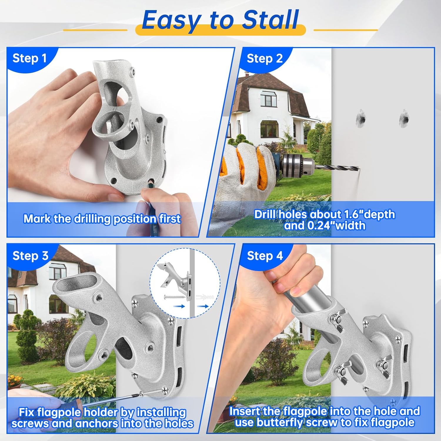 Flag Pole Holder,  Flag Pole Brackets Mount Outside House Heavy-Duty Aluminum Metal Rust Proof Bracket 1