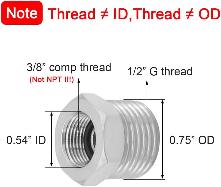 1/2 G Male to 3/8 Compression Female Thread Bushing Pipe Fitting, Nickel Plated Brass Reducer Faucet Connector Water Hose Adapter, Supply Line Adapter for RV Kitchen Bathroom Plumbing 2PCS - Image 2