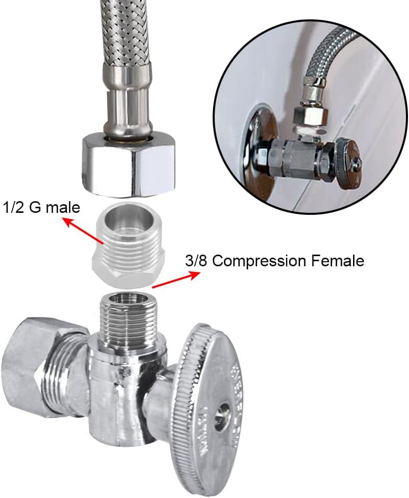 1/2 G Male to 3/8 Compression Female Thread Bushing Pipe Fitting, Nickel Plated Brass Reducer Faucet Connector Water Hose Adapter, Supply Line Adapter for RV Kitchen Bathroom Plumbing 2PCS - Image 3