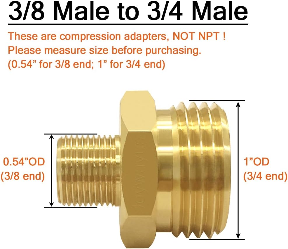 2PCS 3/4 GHT Male to 3/8 Compression Male Thread Adapter Pipe Fitting, Brass Reducer Faucet Connector Water Hose Adapter, Supply Line to Garden Hose Adapter for RV Kitchen Bathroom Plumbing - Image 2
