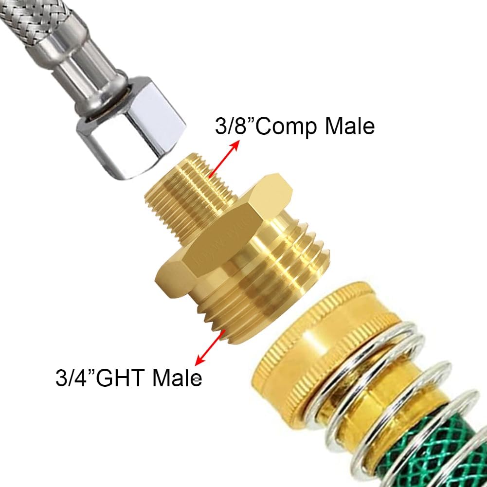 2PCS 3/4 GHT Male to 3/8 Compression Male Thread Adapter Pipe Fitting, Brass Reducer Faucet Connector Water Hose Adapter, Supply Line to Garden Hose Adapter for RV Kitchen Bathroom Plumbing - Image 3
