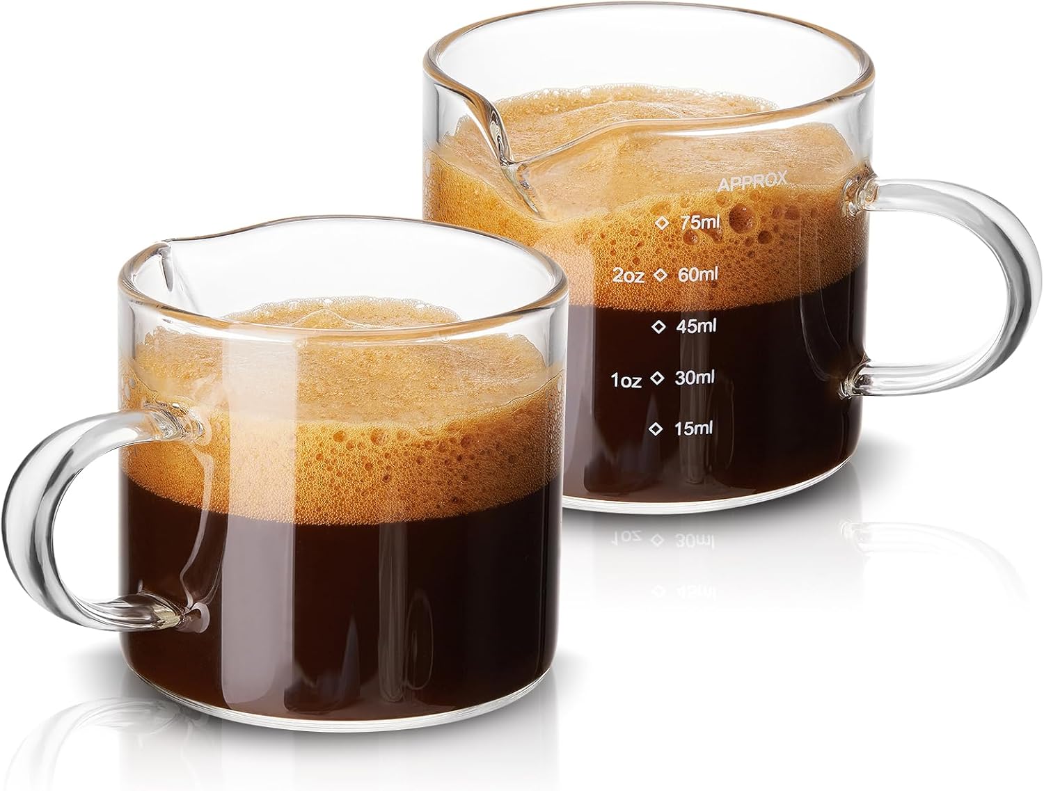 2 Pack Measuring Cups, 75ML Espresso Cups with Handle, Espresso Shot Glasses with V-Shaped Mouth, Clear Accessories, Milk Frothing Pitcher | with Handle, with V-Shaped Mouth, Accessories - Image 1