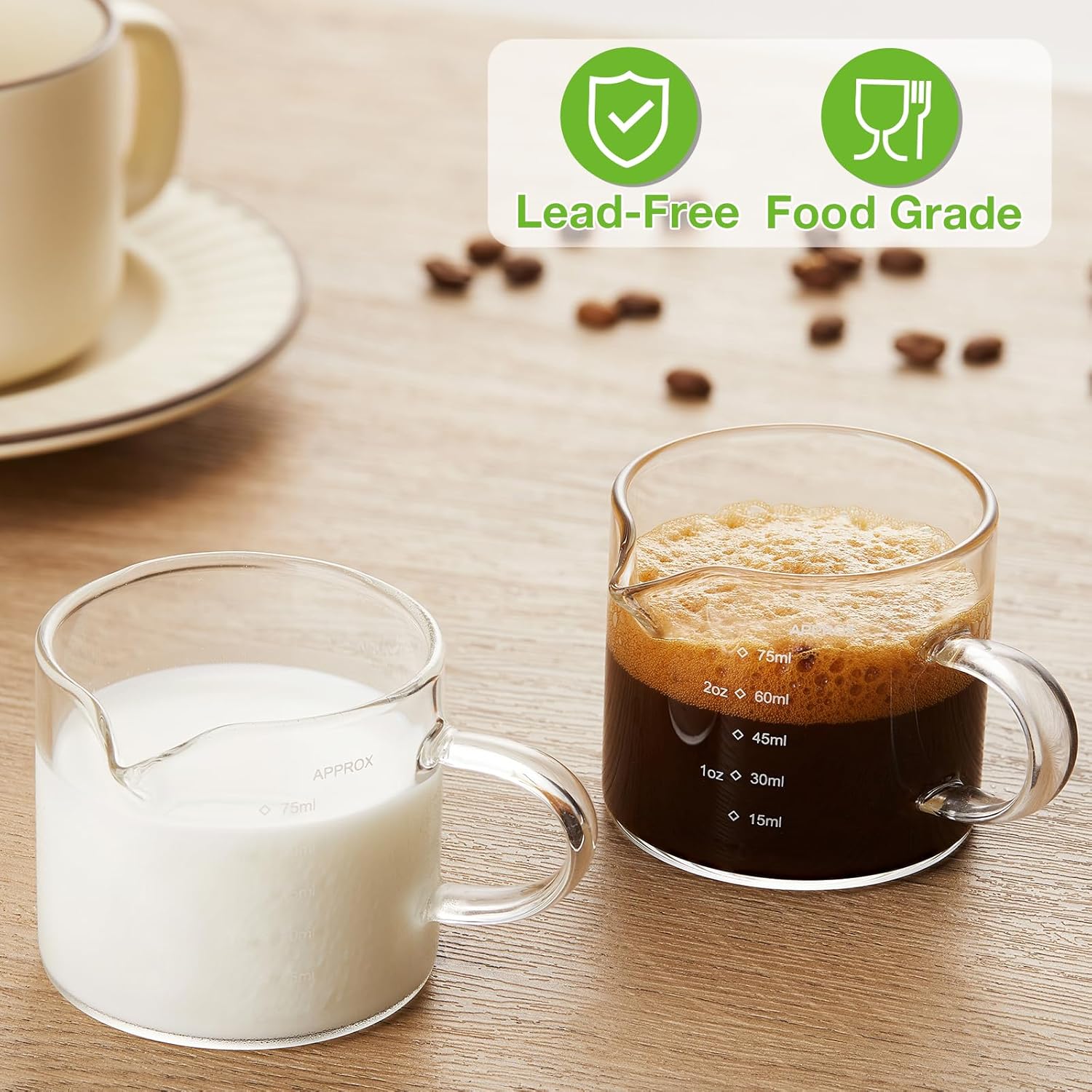 2 Pack Measuring Cups, 75ML Espresso Cups with Handle, Espresso Shot Glasses with V-Shaped Mouth, Clear Accessories, Milk Frothing Pitcher | with Handle, with V-Shaped Mouth, Accessories - Image 5