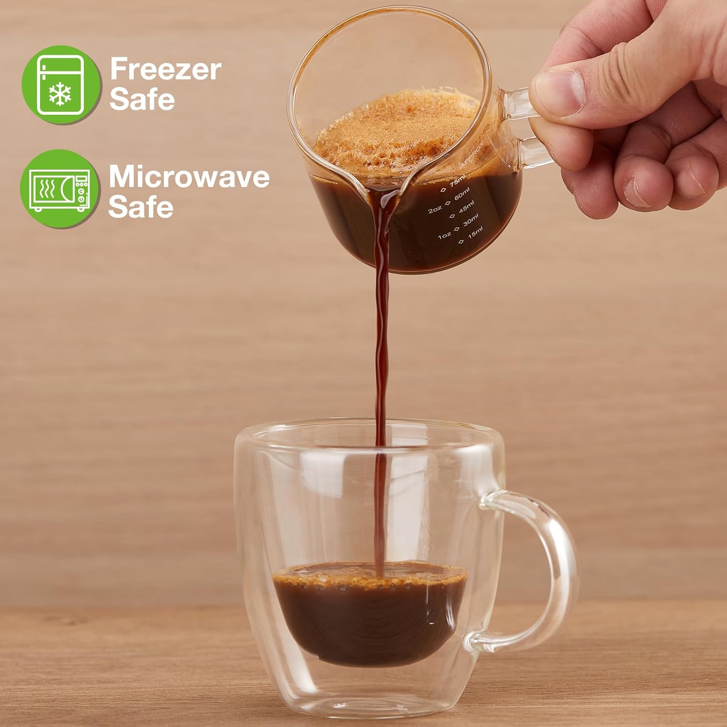 2 Pack Measuring Cups, 75ML Espresso Cups with Handle, Espresso Shot Glasses with V-Shaped Mouth, Clear Accessories, Milk Frothing Pitcher | with Handle, with V-Shaped Mouth, Accessories - Image 6