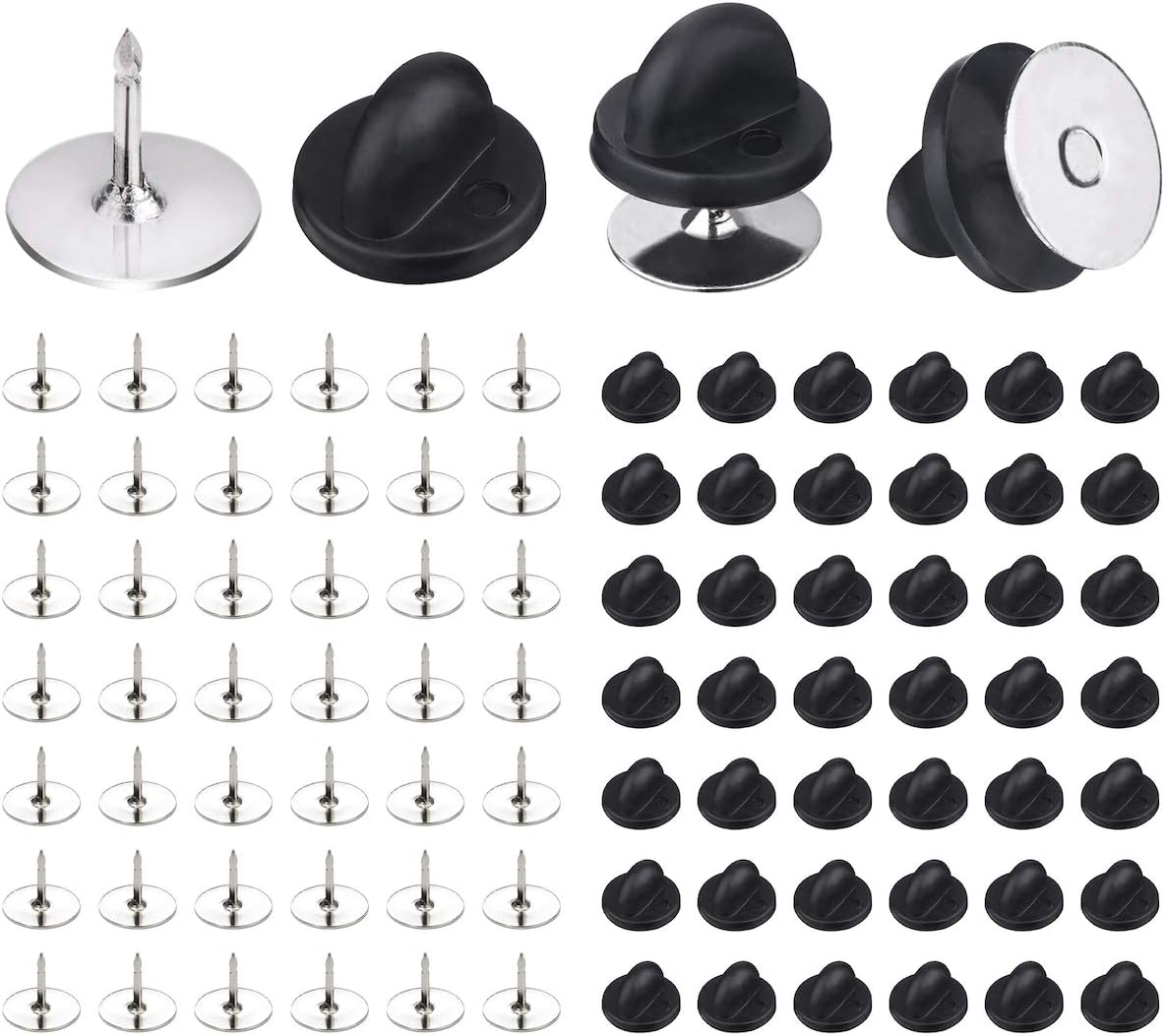 50 Pairs Pin Backings Tie Tacks Blank Pins with Rubber Backings Pinbacks for Crafts (Silver Black, 50 Sets) - Image 1
