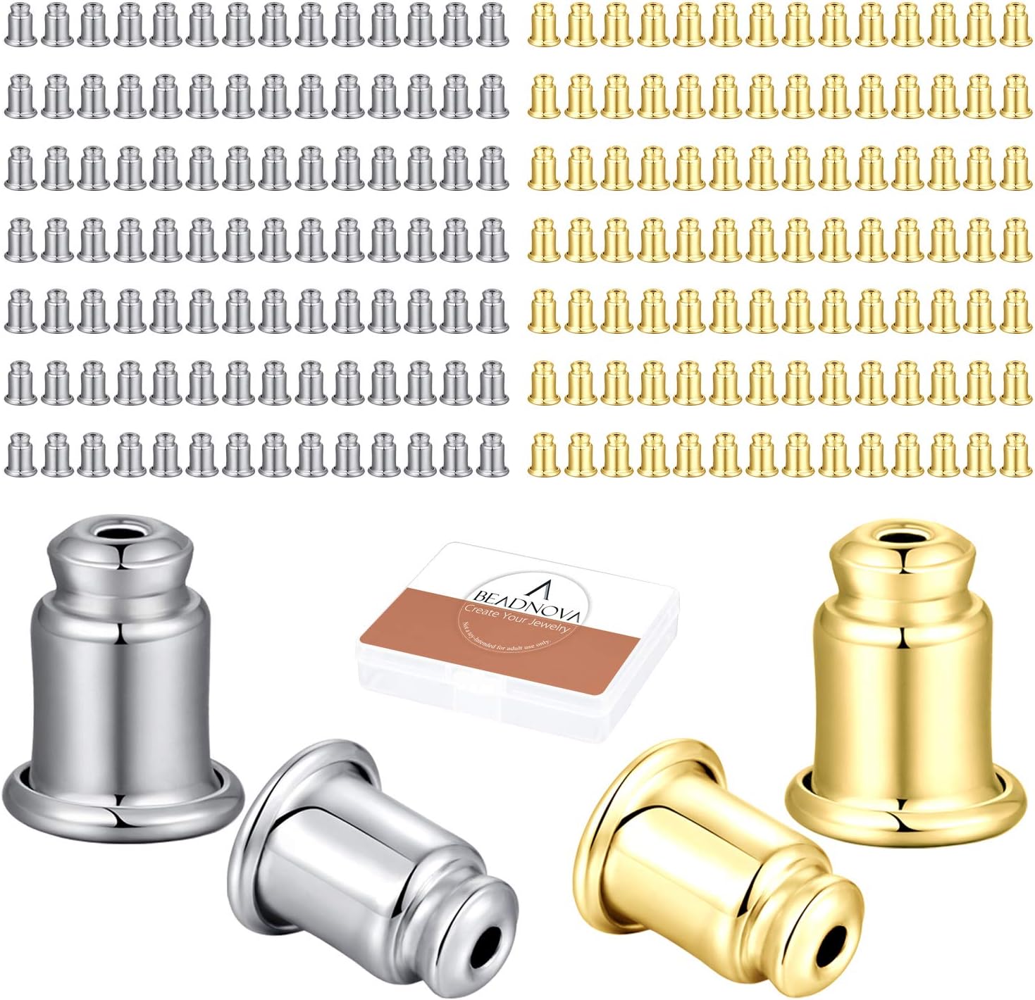 Safety Backs for Earrings Secure Earring Backs Replacements Hypoallergenic Pierced Ear Stud Stoppers for Studs Lock Earstud Backings for Posts (200pcs, Silver and Gold) - Image 1