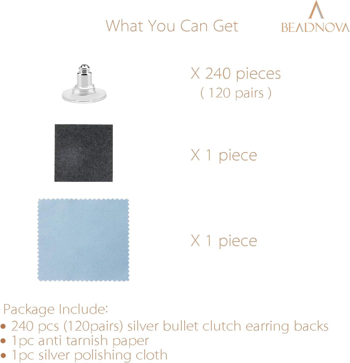Earring Backs 240pcs Replacements Silver Plated Pierced Hypoallergenic Earring Backs Stoppers Safety Bullet Clutch with Pad for Posts - Image 3