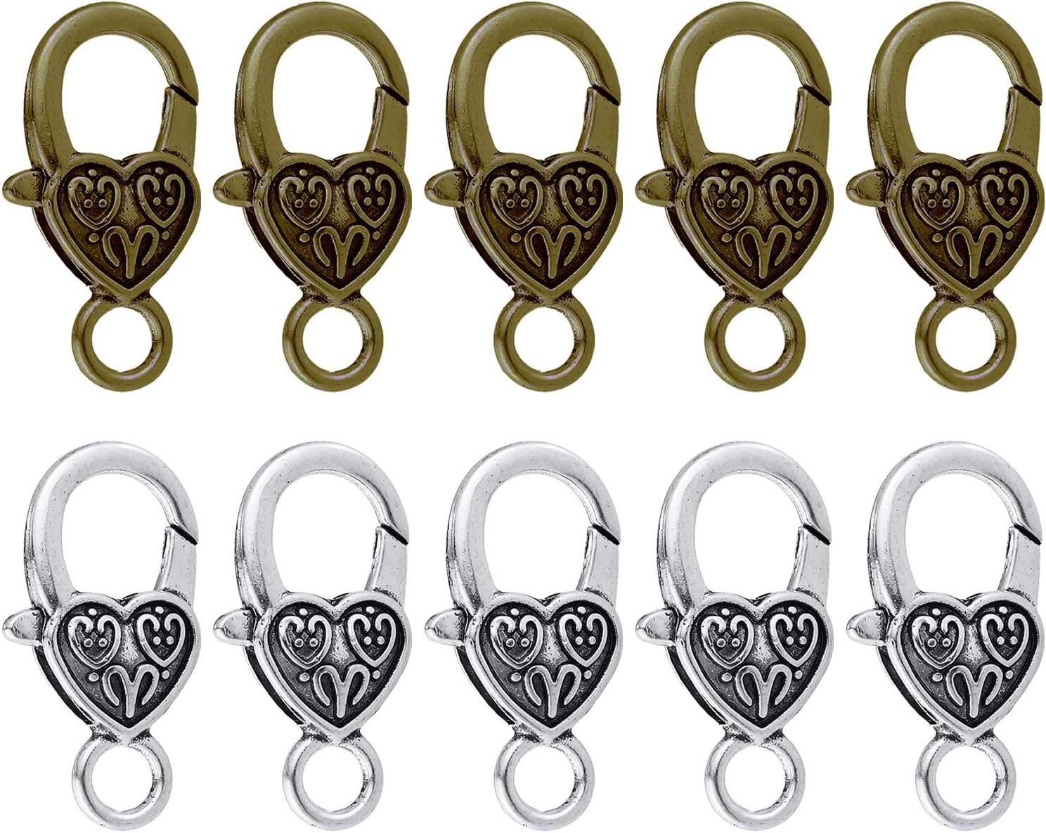 Heart Lobster Clasps 20 Pieces Large Tibetan Antique Heart Lobster Claw Clasps for Jewelry Making Findings Crafts (10pcs Silver, 10pcs Bronze) - Image 1