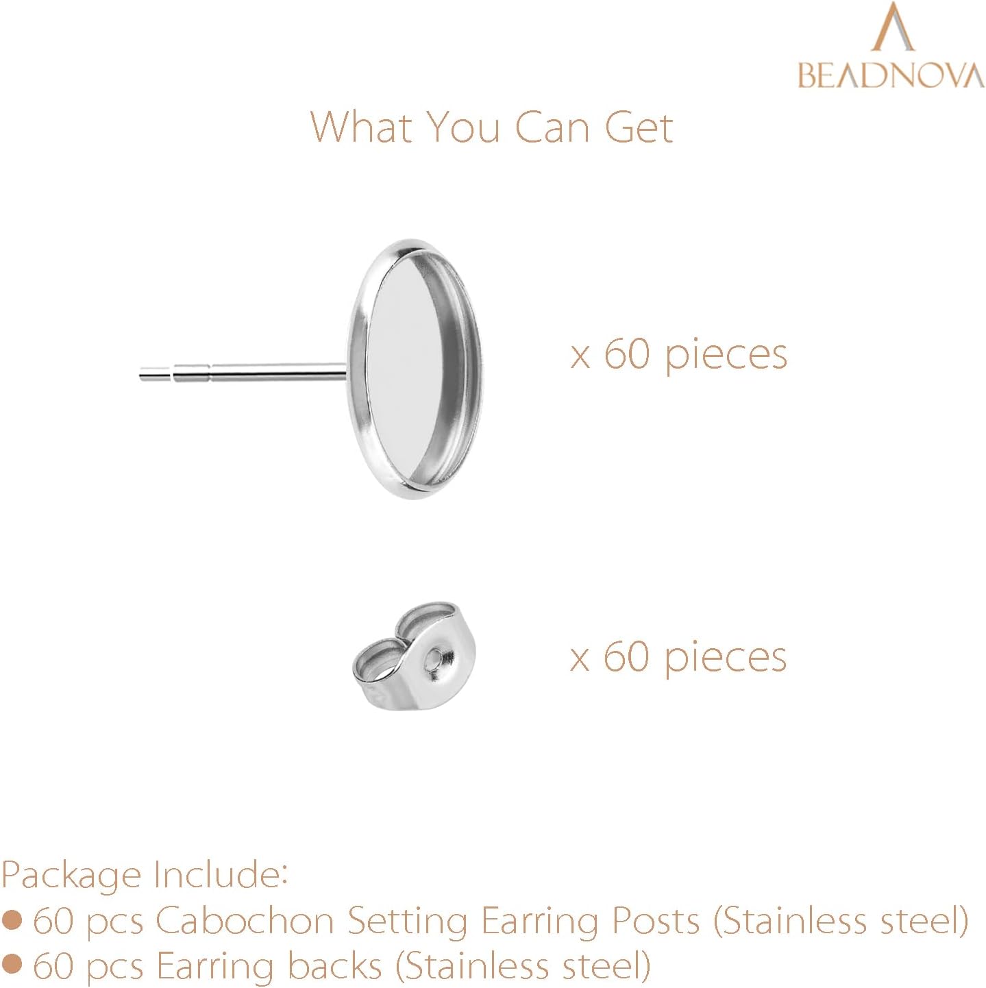 60pcs Blank Earring Studs 12mm Stainless Steel Cabochon Setting Post With Backs for Resin DIY Earstud Making - Image 3
