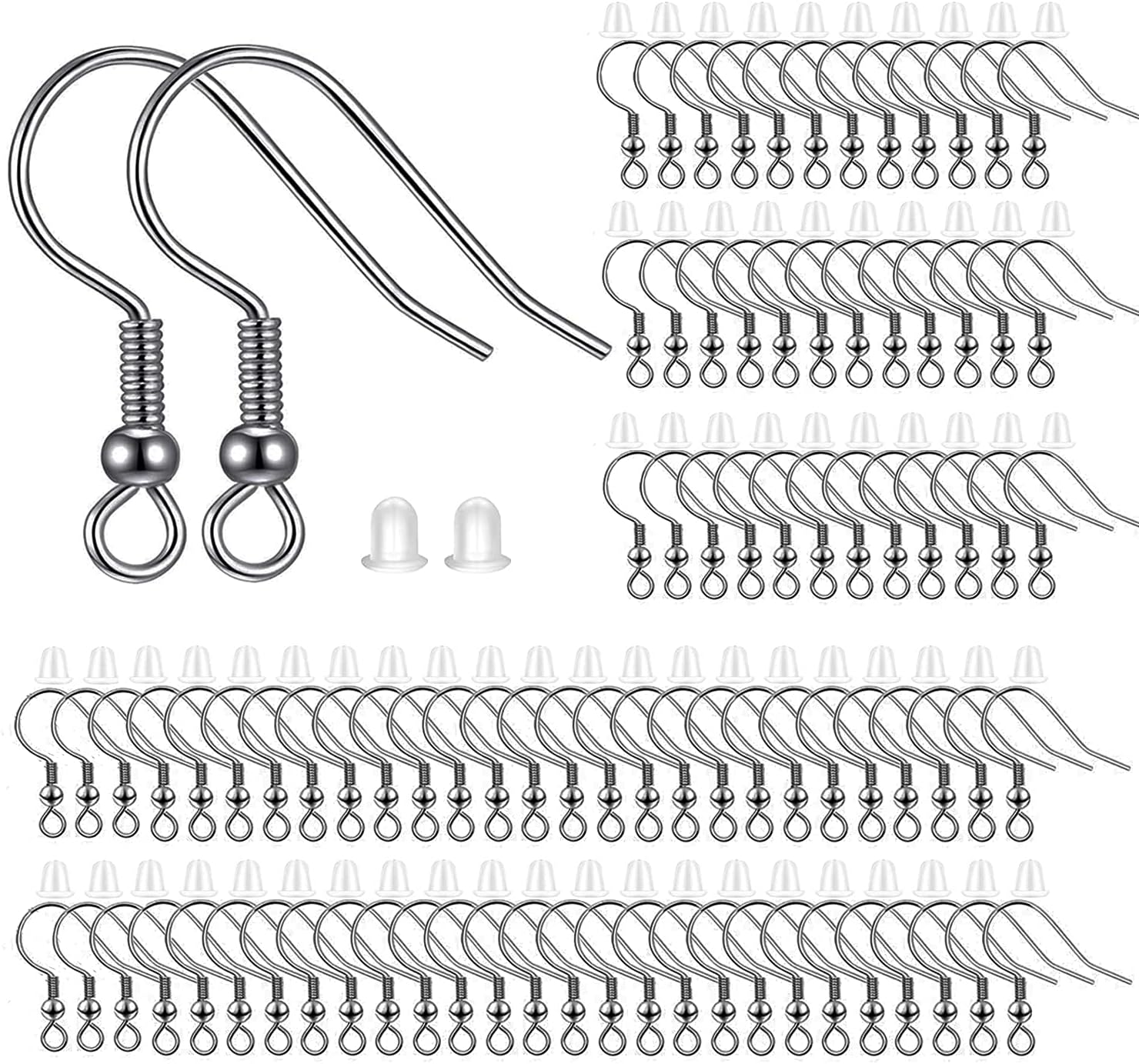 300pcs Stainless Steel Earring Hooks with Rubber Backs, Silver, Elegant, Polished, Hypoallergenic, DIY Ear Findings Supplies - Image 1