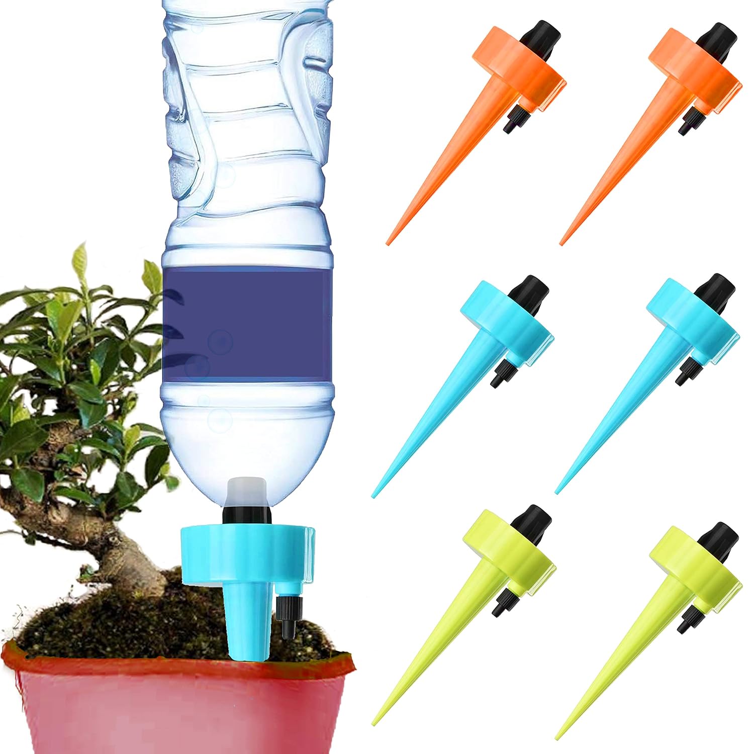 Plant Self Watering Spikes Automatic Irrigation Equipment Adjustable Self Watering Spikes for Plants with Slow Release Control Valve (Orange Blue Green, 6pcs) - Image 1