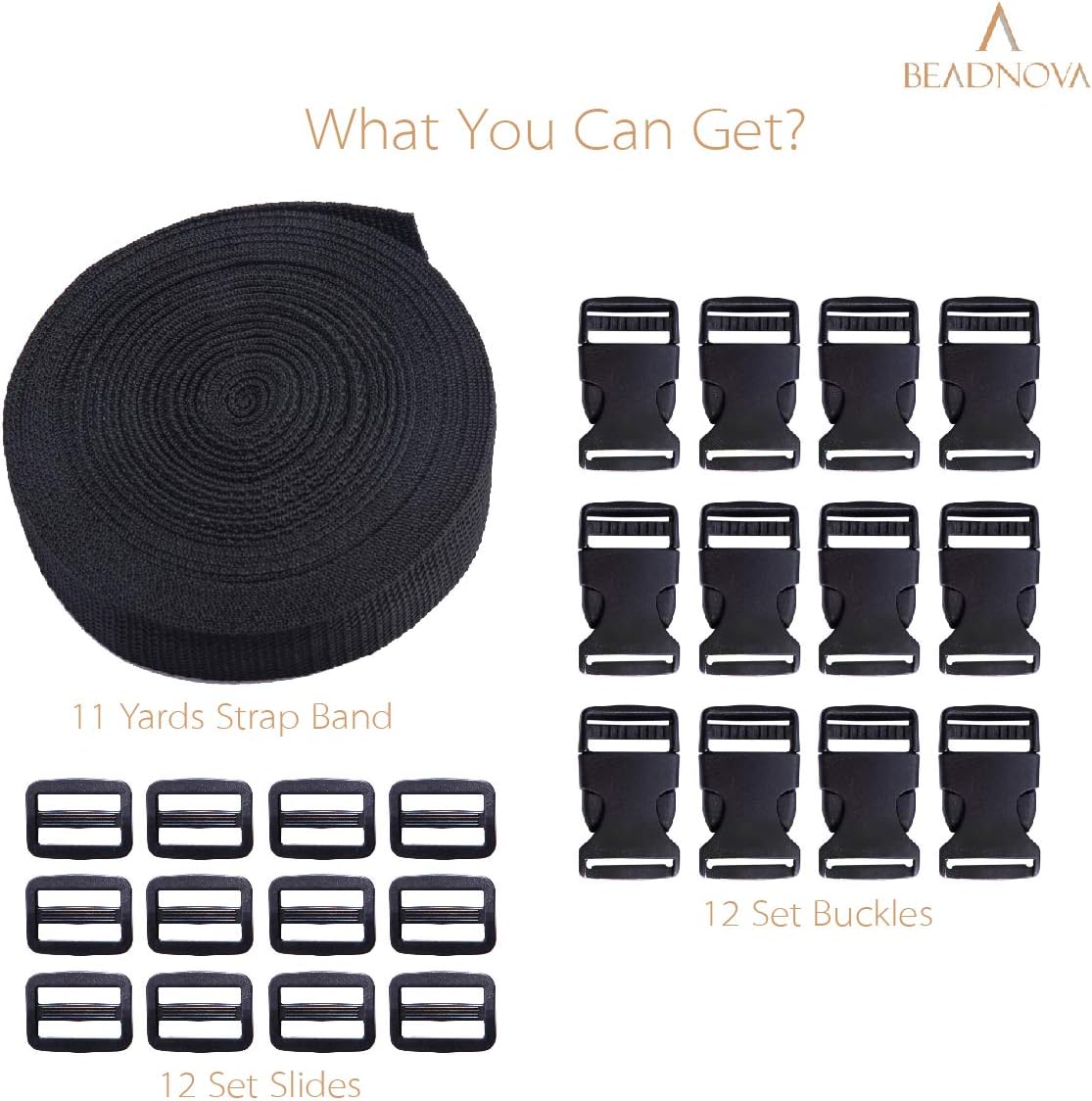 Plastic Buckle Kit Nylon Strap with Quick Release Buckle 12 Sets 1 Inch and Tri-Glide Slides with 11 Yards Nylon Strapping 1 Inch (Black) - Image 3