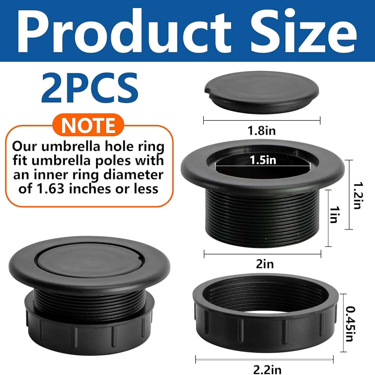 2 Pcs 2 Inch Parasol Umbrella Hole Ring Plug and Cap Set, Thicker Patio Table Hole Cover Insert, Deck Table Umbrella Holes Plug Replacement Parts for Outdoor Patio Table Garden Yard - Image 2