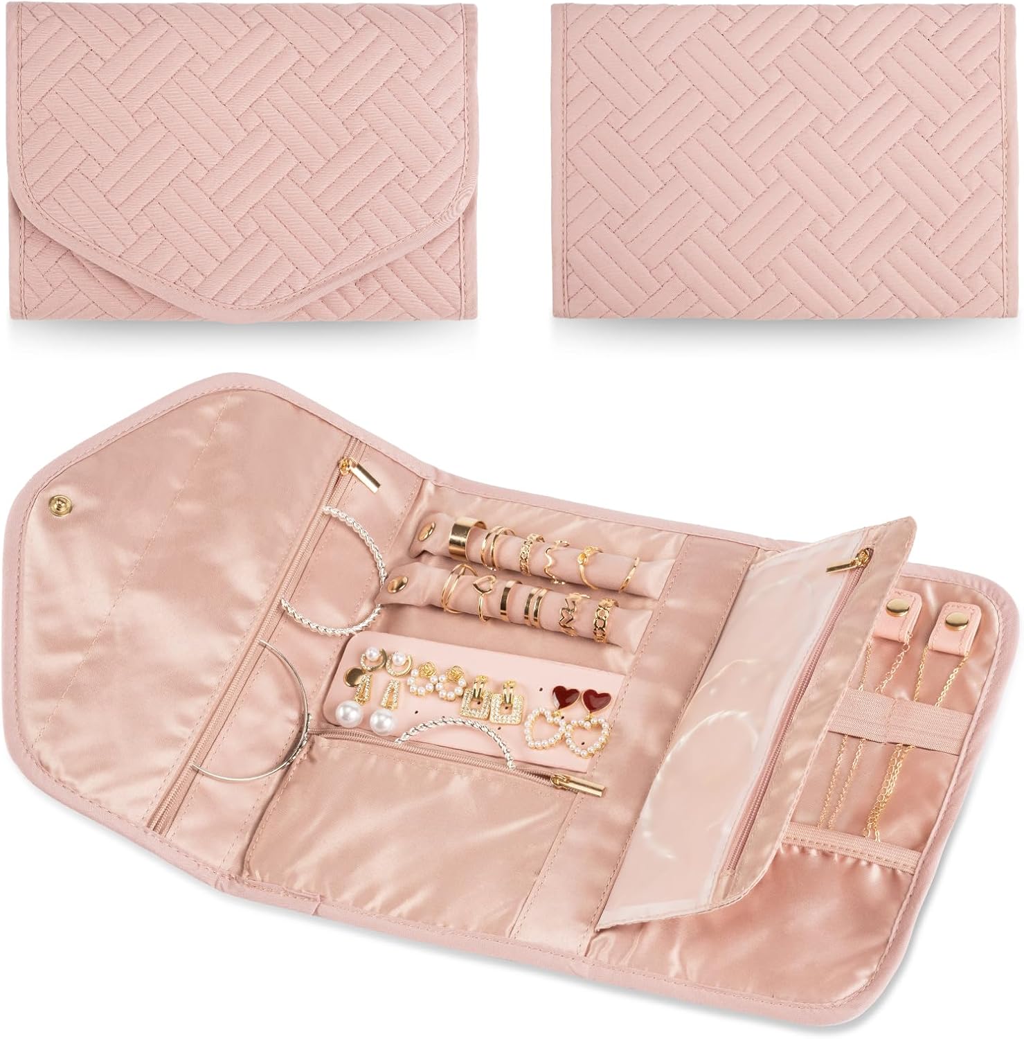 Travel Jewelry Organizer Bag Anti-Tangle Foldable Small Jewelry Roll Travel Case Accessory for Necklaces, Earrings, Rings, Bracelets, Watches, Pink - Image 1