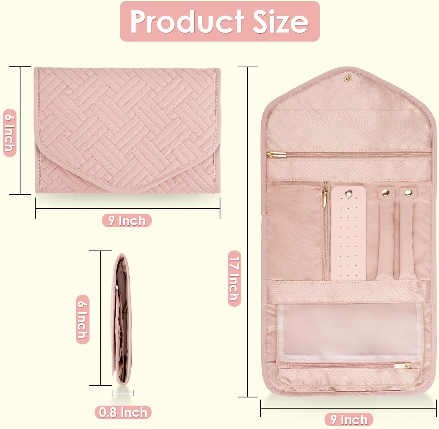 Travel Jewelry Organizer Bag Anti-Tangle Foldable Small Jewelry Roll Travel Case Accessory for Necklaces, Earrings, Rings, Bracelets, Watches, Pink - Image 2
