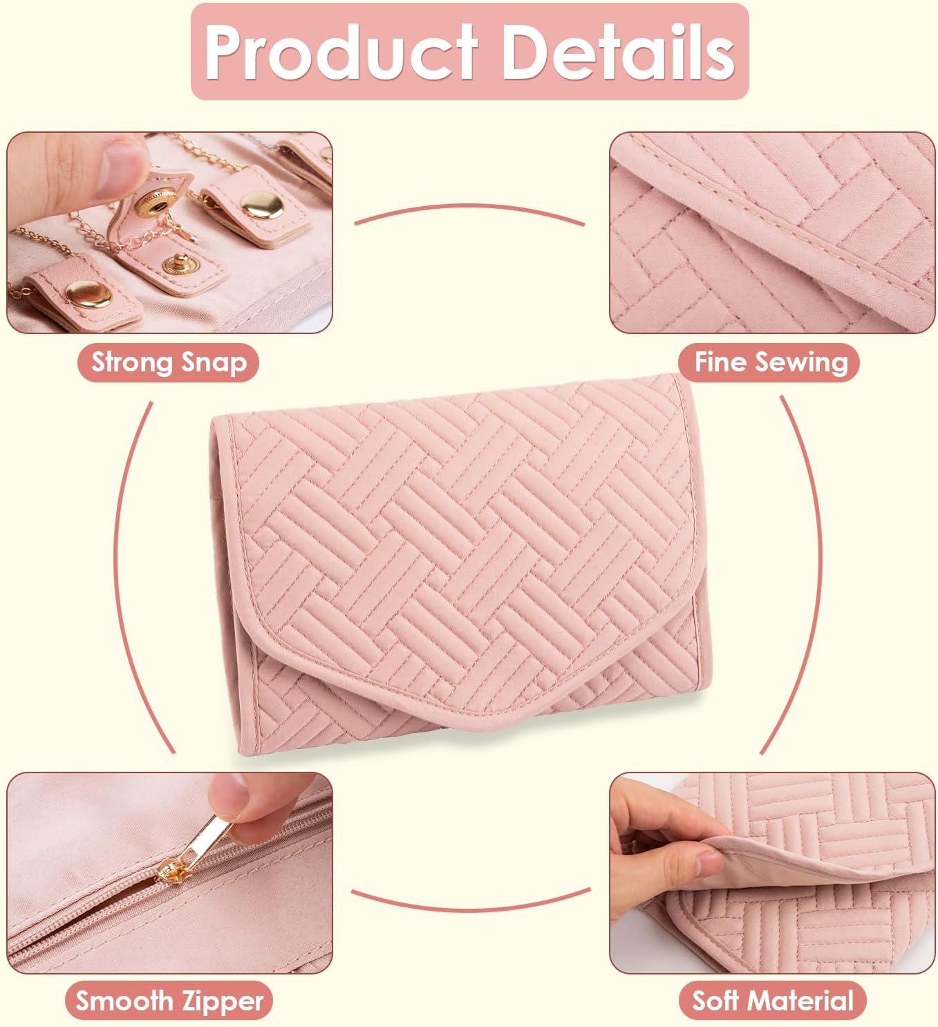 Travel Jewelry Organizer Bag Anti-Tangle Foldable Small Jewelry Roll Travel Case Accessory for Necklaces, Earrings, Rings, Bracelets, Watches, Pink - Image 3