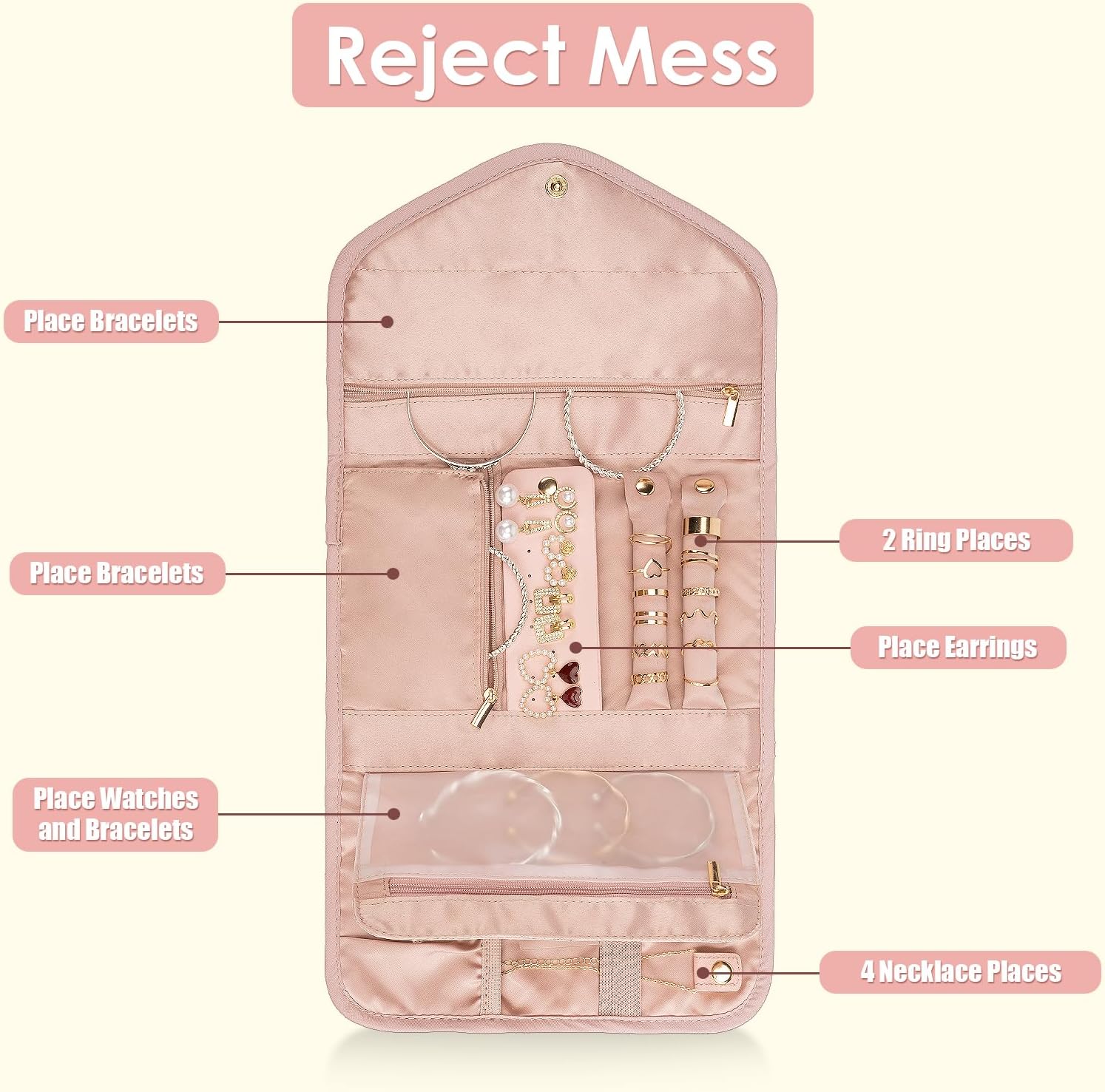 Travel Jewelry Organizer Bag Anti-Tangle Foldable Small Jewelry Roll Travel Case Accessory for Necklaces, Earrings, Rings, Bracelets, Watches, Pink - Image 4