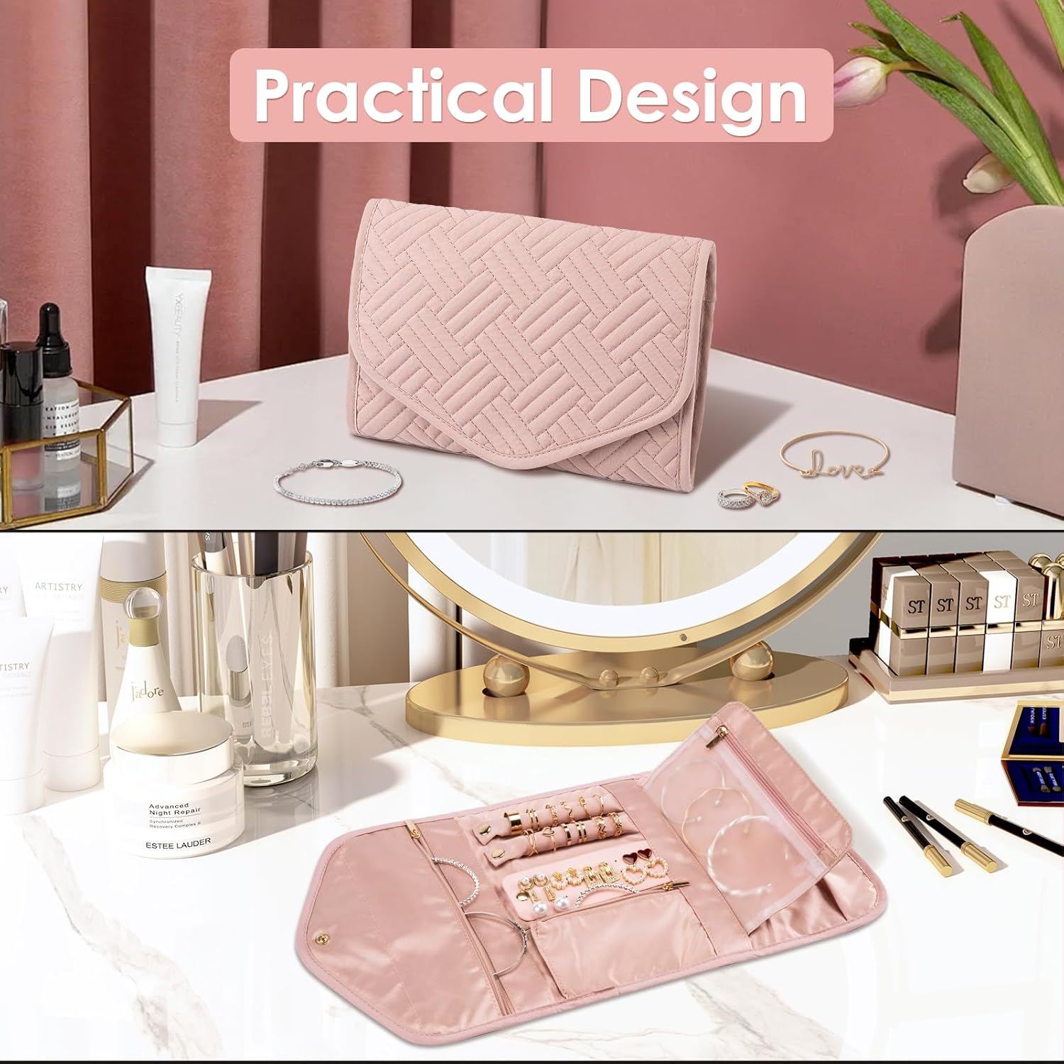 Travel Jewelry Organizer Bag Anti-Tangle Foldable Small Jewelry Roll Travel Case Accessory for Necklaces, Earrings, Rings, Bracelets, Watches, Pink - Image 5