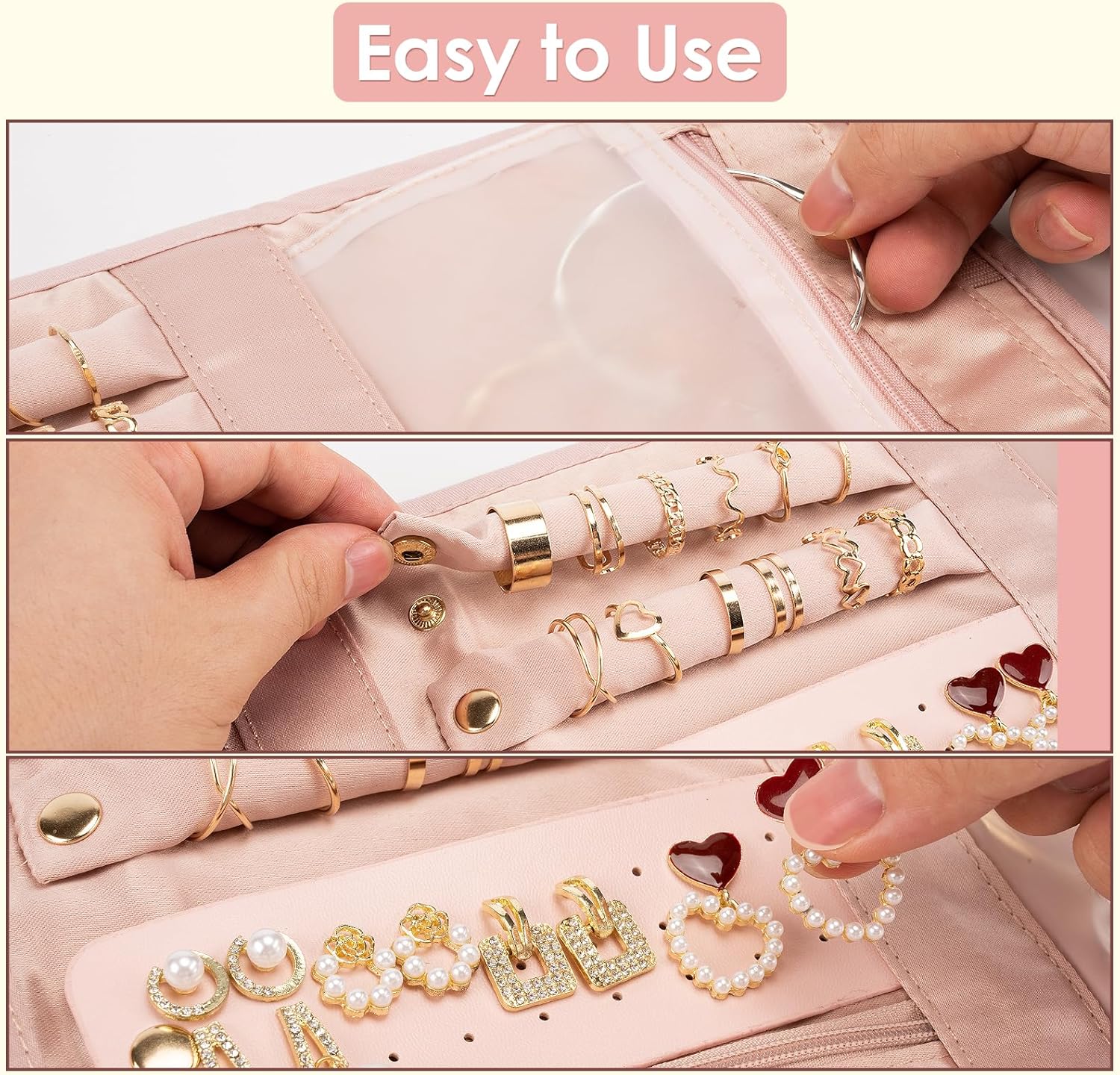 Travel Jewelry Organizer Bag Anti-Tangle Foldable Small Jewelry Roll Travel Case Accessory for Necklaces, Earrings, Rings, Bracelets, Watches, Pink - Image 6