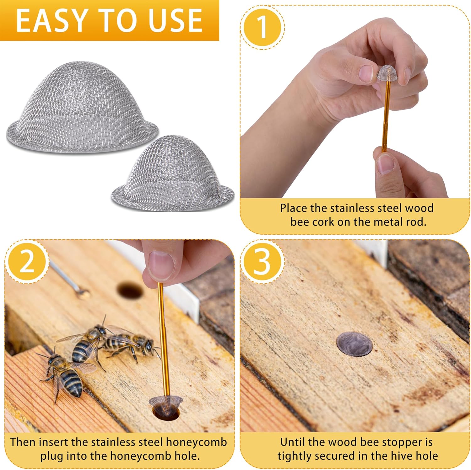 50 Pcs Stainless Steel Carpenter Bee Corks, 2 Sizes Carpenter Bee Plugs Hole Filler, Tapered Bee Holes Repair Kit for Outside Porches Furnitures - Image 3