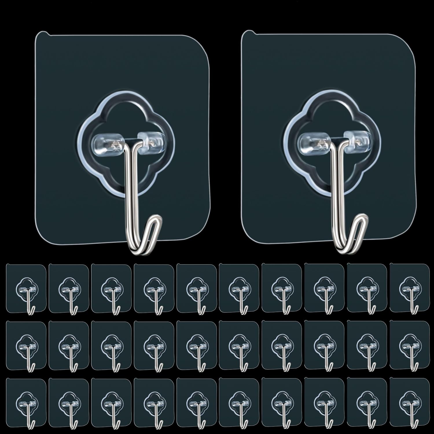 Adhesive Hooks, 32 Pack 33lb(Max) Sticky Hooks, Transparent Reusable Removable Adhesive Hooks for Hanging, Wall Hooks for Hanging Can be Use for Kitchen Bathroom Shower Outdoor Home Improvement - Image 1
