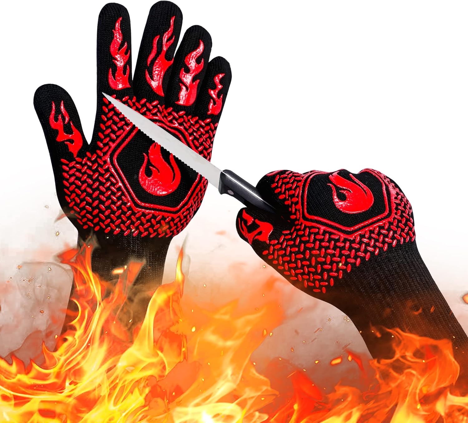 BBQ Fireproof Gloves, Grill Cut-Resistant 1472°F Heat Resistant Gloves, Non-Slip Silicone Oven Gloves, Kitchen Safe Cooking Gloves for Oven Mitts,Barbecue,Cooking, Frying,13.8 Inch-Red - Image 1