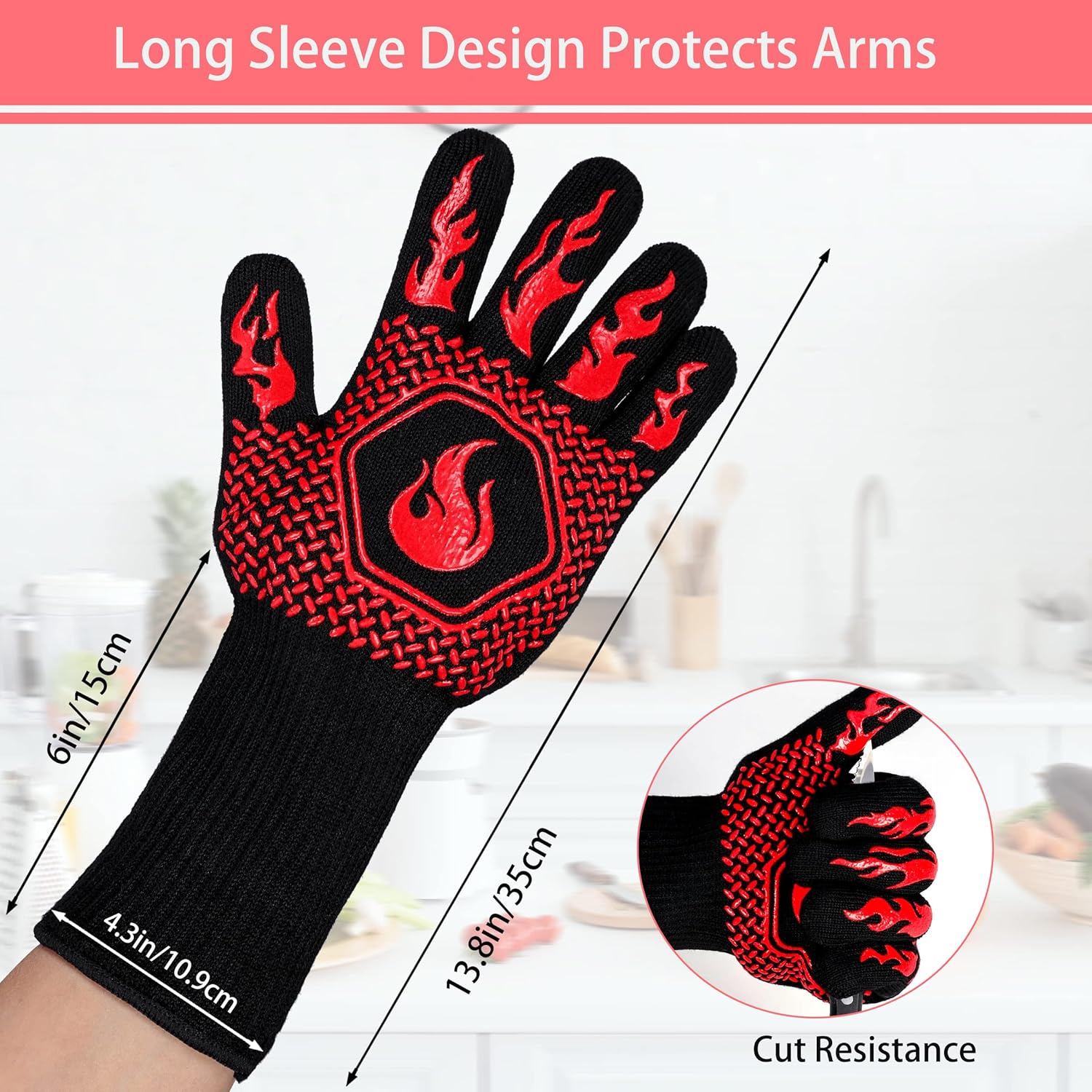 BBQ Fireproof Gloves, Grill Cut-Resistant 1472°F Heat Resistant Gloves, Non-Slip Silicone Oven Gloves, Kitchen Safe Cooking Gloves for Oven Mitts,Barbecue,Cooking, Frying,13.8 Inch-Red - Image 2