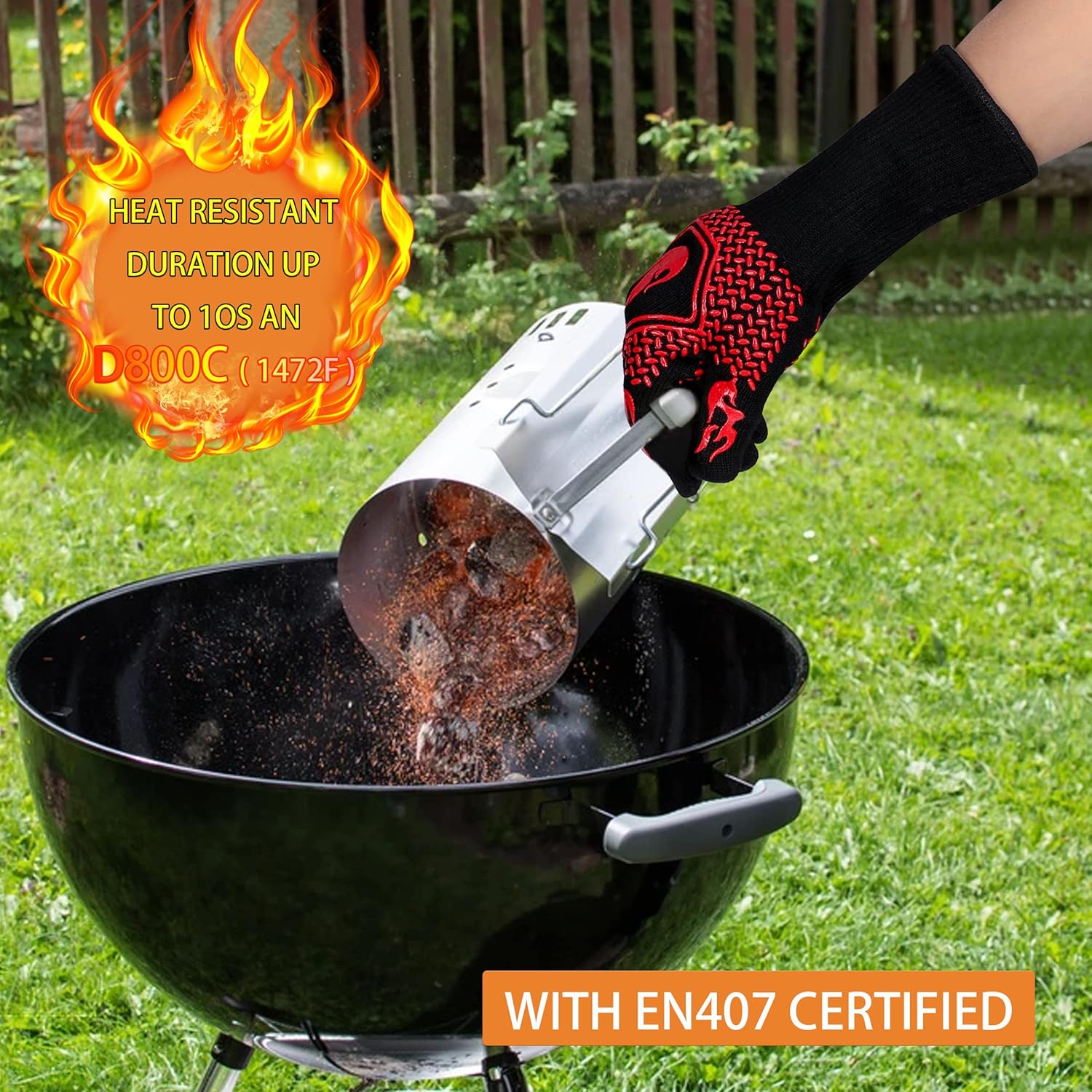 BBQ Fireproof Gloves, Grill Cut-Resistant 1472°F Heat Resistant Gloves, Non-Slip Silicone Oven Gloves, Kitchen Safe Cooking Gloves for Oven Mitts,Barbecue,Cooking, Frying,13.8 Inch-Red - Image 4