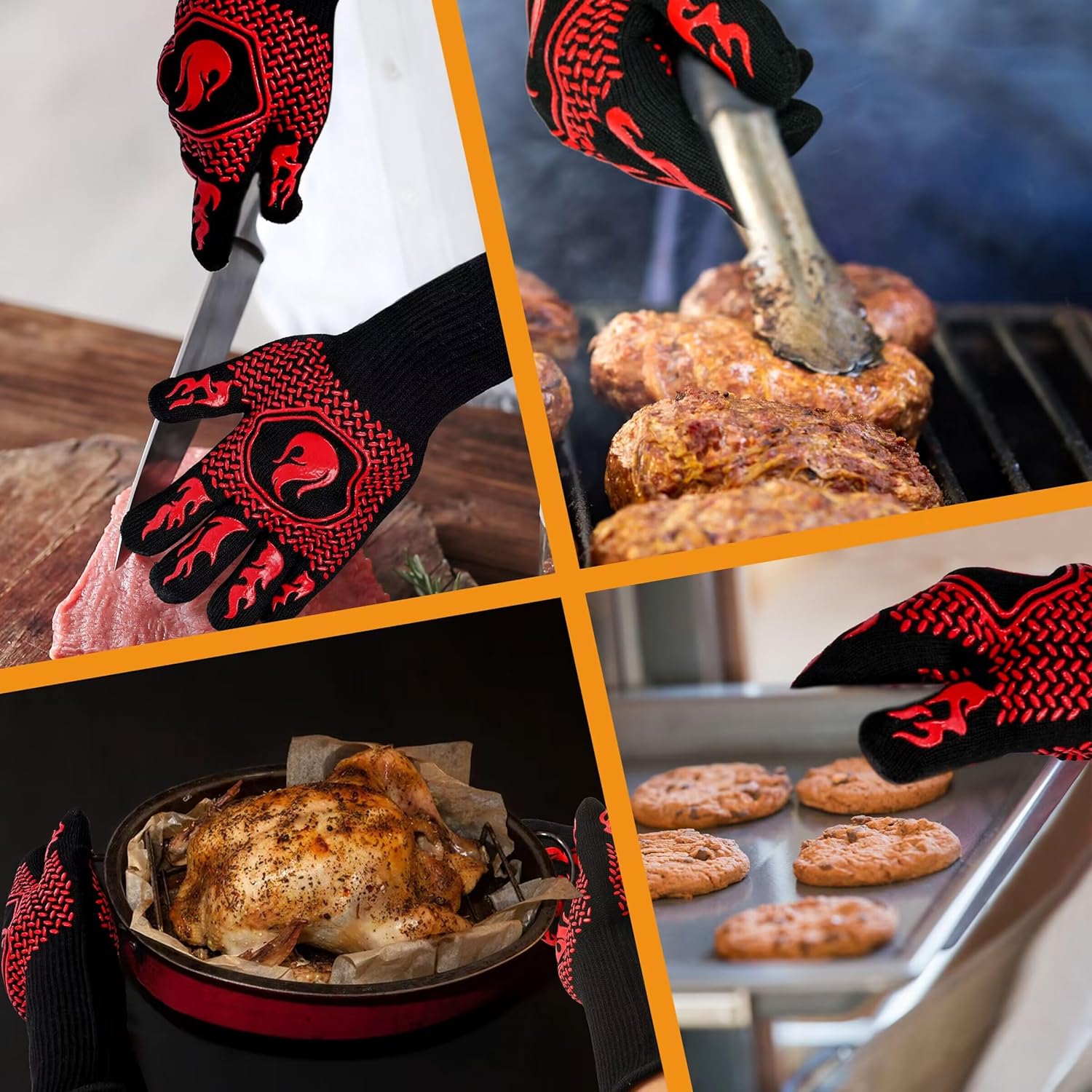BBQ Fireproof Gloves, Grill Cut-Resistant 1472°F Heat Resistant Gloves, Non-Slip Silicone Oven Gloves, Kitchen Safe Cooking Gloves for Oven Mitts,Barbecue,Cooking, Frying,13.8 Inch-Red - Image 5