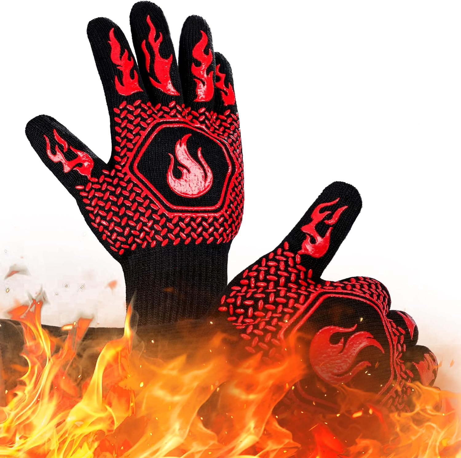 BBQ Fireproof Gloves, Grill Cut-Resistant 1472°F Heat Resistant Gloves, Non-Slip Silicone Oven Gloves, Kitchen Safe Cooking Gloves for Oven Mitts,Barbecue,Cooking, Frying,13.8 Inch-Red - Image 7