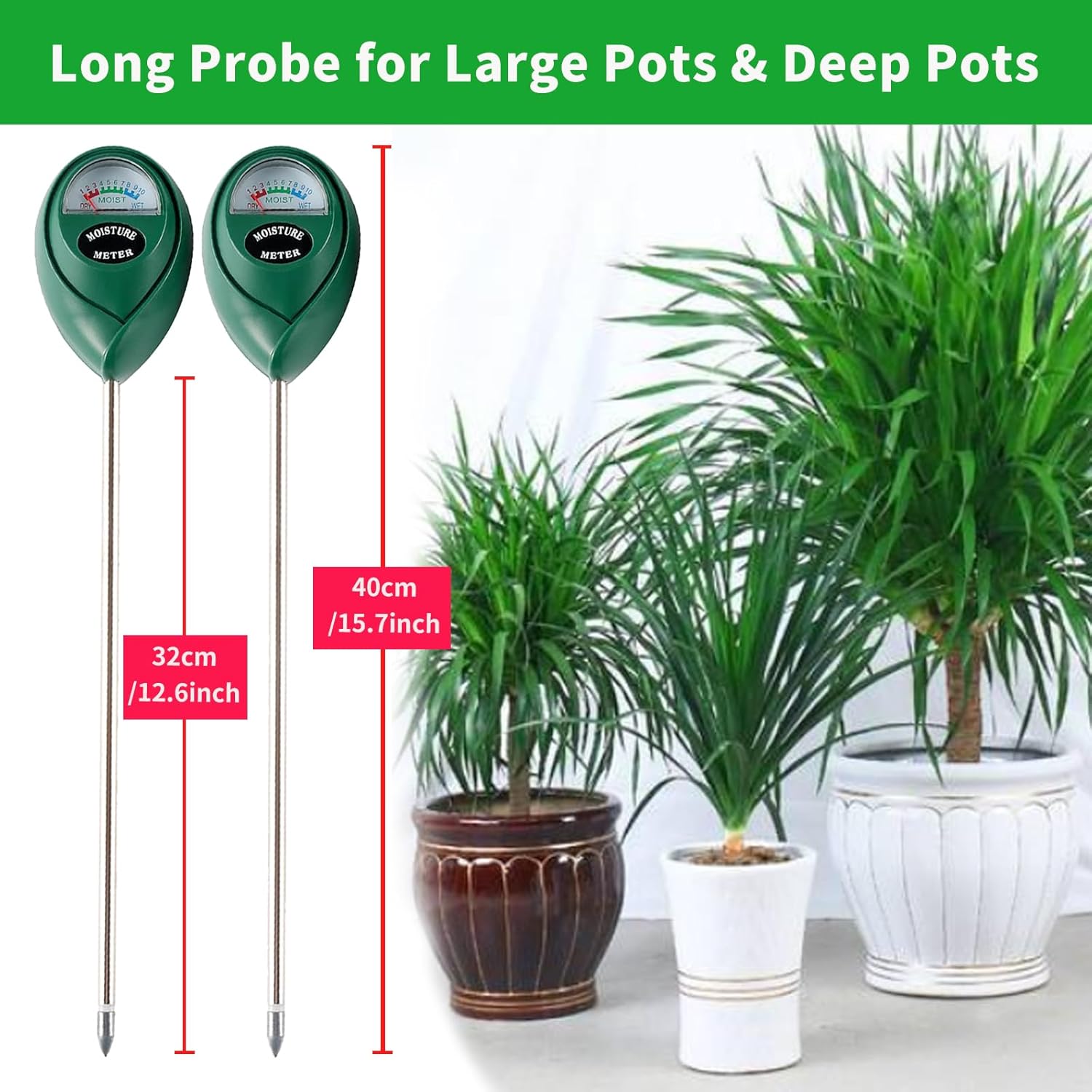 Extended Long Probe Soil Moisture Meter, 2 Pack Plant Water Meter Soil Meter Moisture Sensor Hygrometer for Indoor Outdoor Plant Care,No Battery Needed(Green) - Image 2