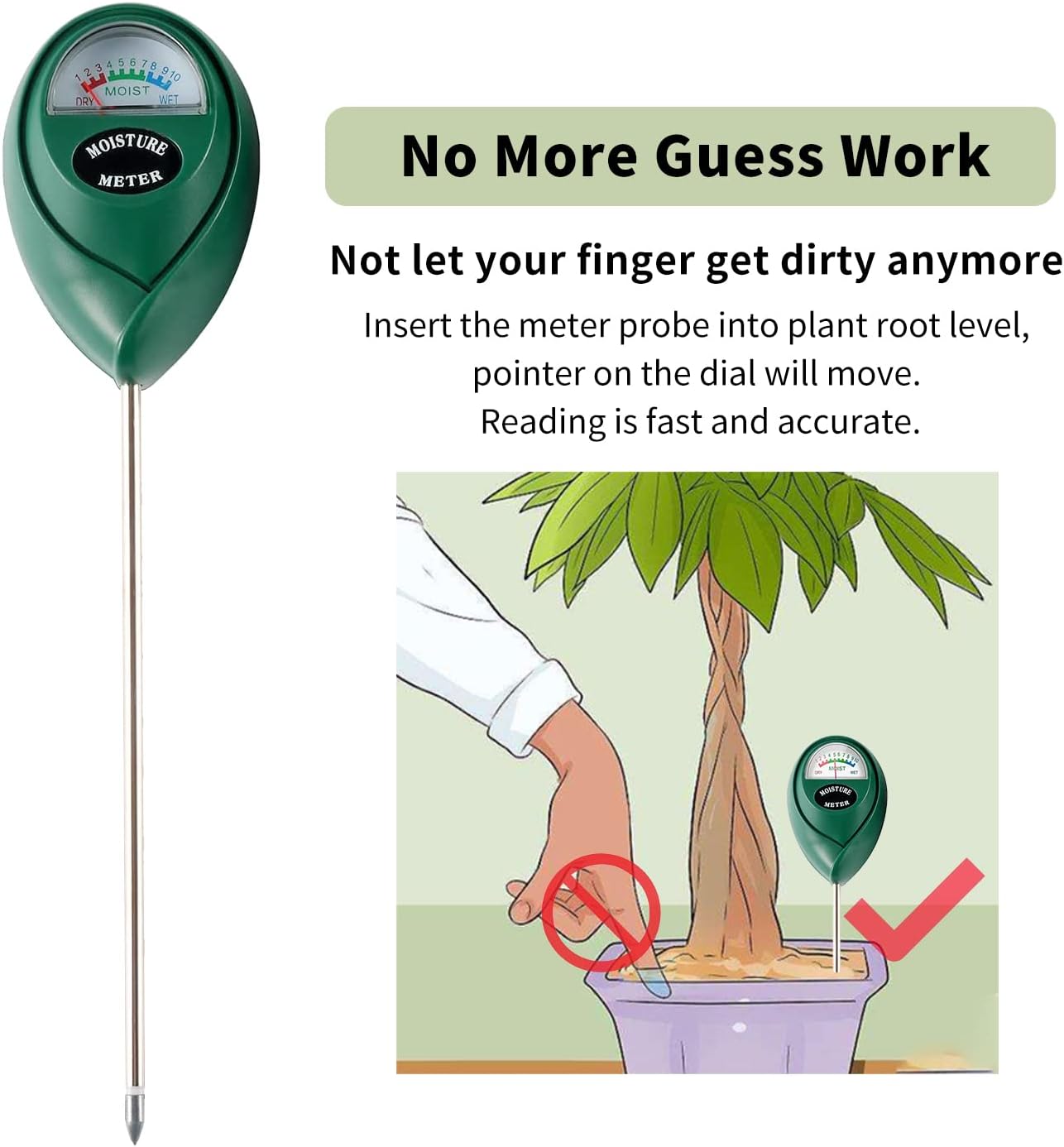Extended Long Probe Soil Moisture Meter, 2 Pack Plant Water Meter Soil Meter Moisture Sensor Hygrometer for Indoor Outdoor Plant Care,No Battery Needed(Green) - Image 4