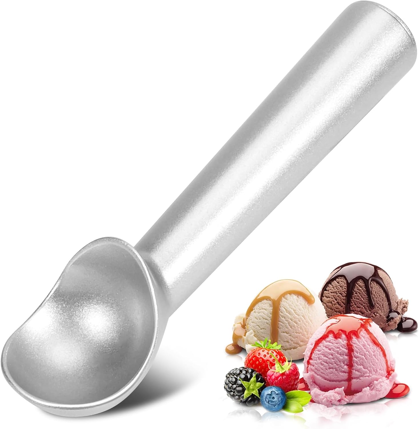 Ice Cream Scoop,7 inches Nonstick Anti-Freeze One Piece Aluminum Scooper Spoon, Heavy Duty Durable Design, Easy Clean, for Gelato, Cookie Dough, Sorbet, Almond (Silver) - Image 1