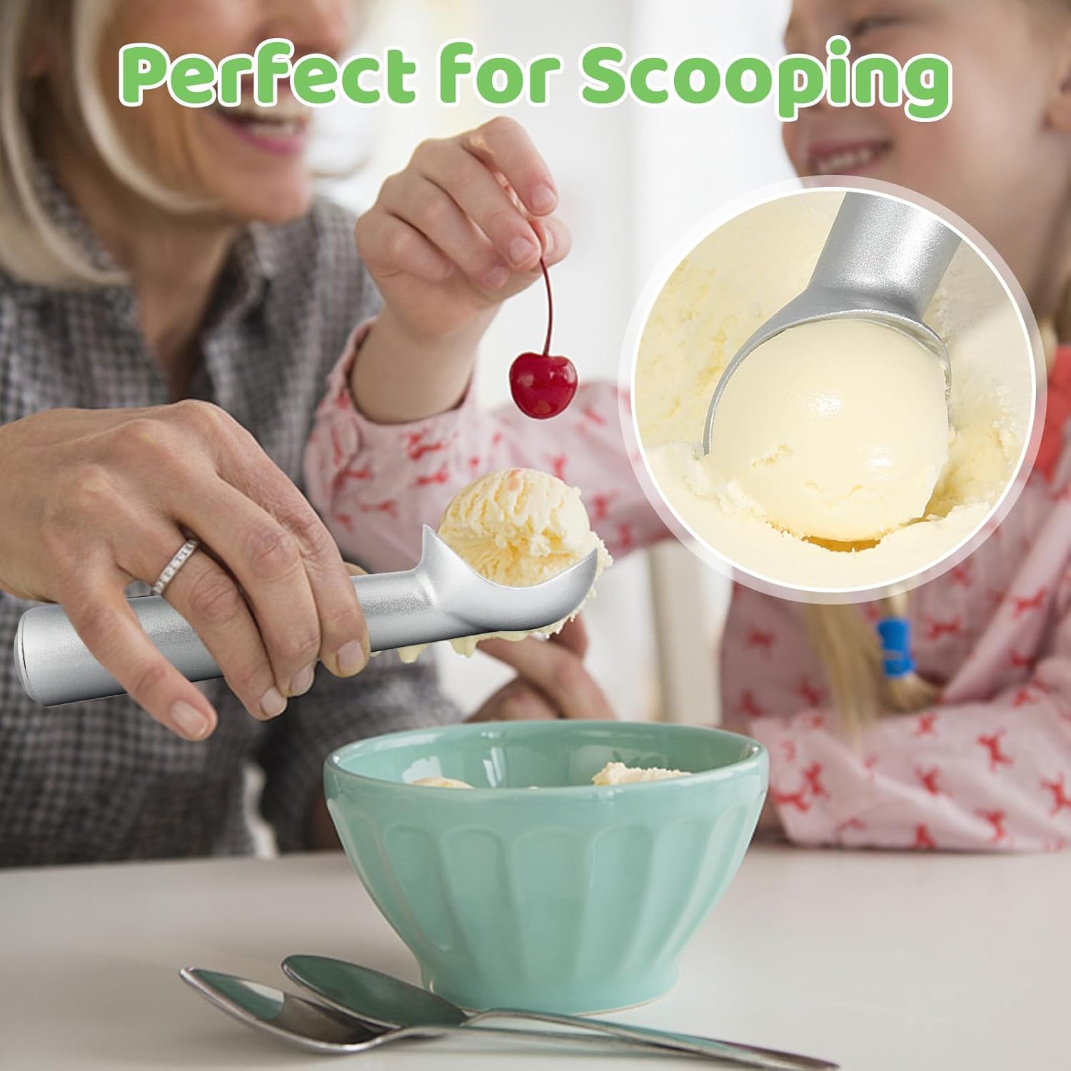 Ice Cream Scoop,7 inches Nonstick Anti-Freeze One Piece Aluminum Scooper Spoon, Heavy Duty Durable Design, Easy Clean, for Gelato, Cookie Dough, Sorbet, Almond (Silver) - Image 2