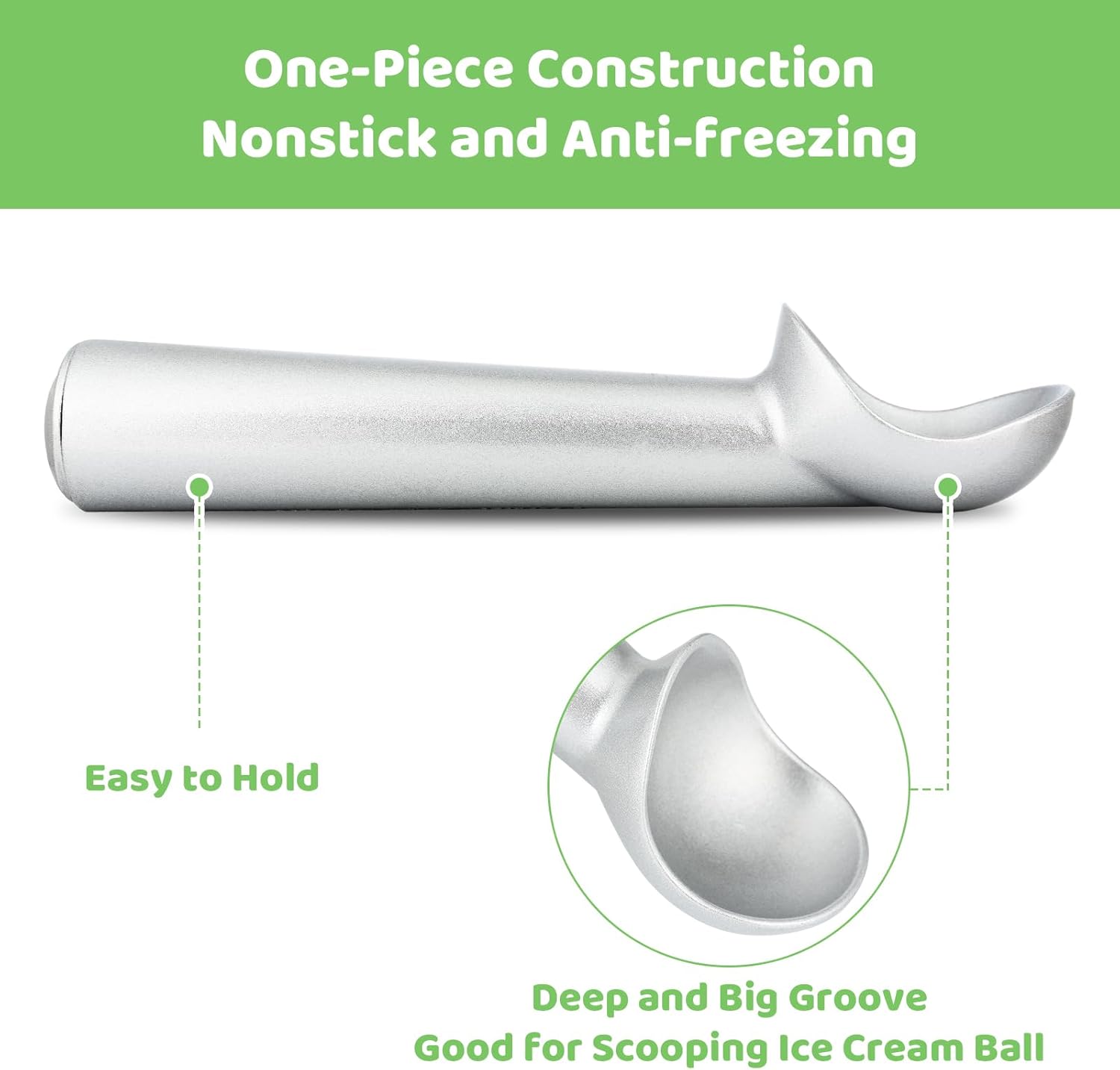 Ice Cream Scoop,7 inches Nonstick Anti-Freeze One Piece Aluminum Scooper Spoon, Heavy Duty Durable Design, Easy Clean, for Gelato, Cookie Dough, Sorbet, Almond (Silver) - Image 4
