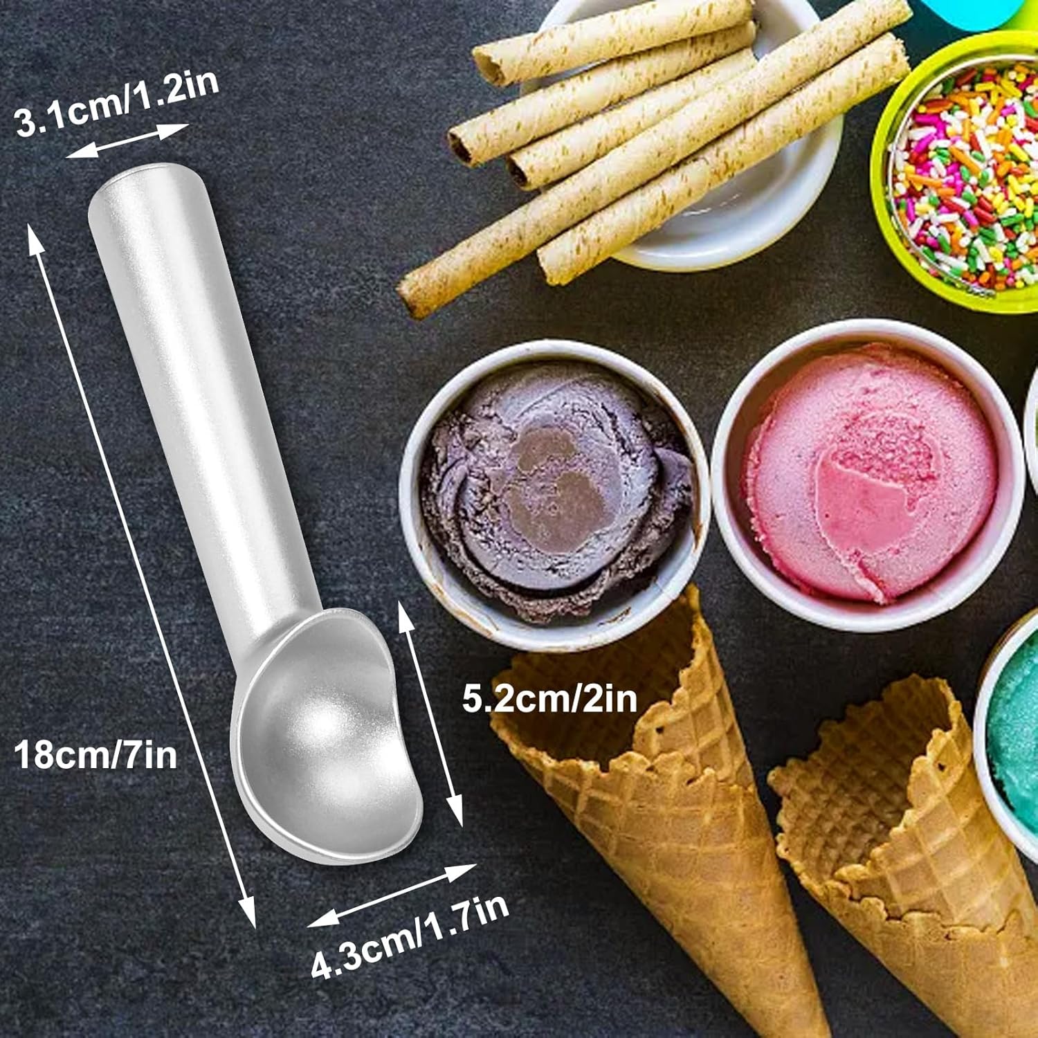 Ice Cream Scoop,7 inches Nonstick Anti-Freeze One Piece Aluminum Scooper Spoon, Heavy Duty Durable Design, Easy Clean, for Gelato, Cookie Dough, Sorbet, Almond (Silver) - Image 5