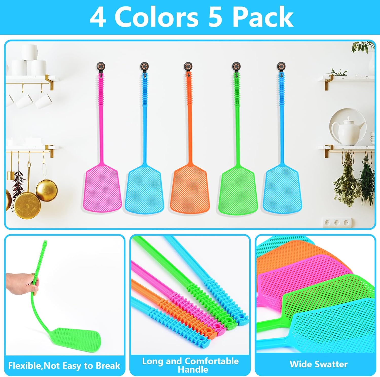 Fly Swatter,5 Pack Plastic Heavy Duty Manual Fly Killer, Long Handle Flyswatter, Large Bug Swatters That Work for Indoor and Outdoor - Image 4