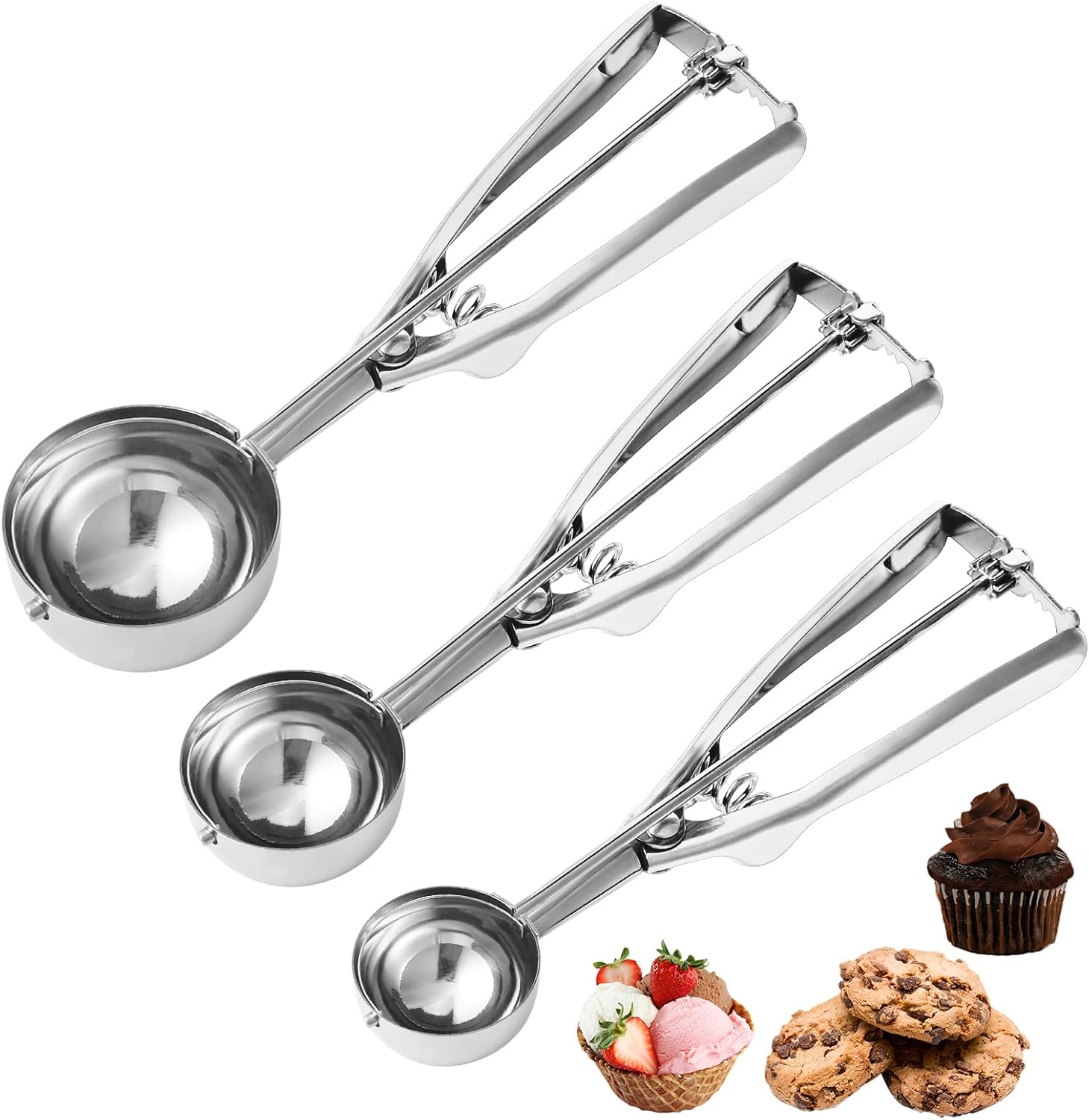 Cookie Scoop,Set of 3 Cookie Dough Scoops for Baking 1 Tbsp,2 Tbsp,3 Tbsp,Stainless Steel Ice Cream Scooper with Trigger Release for Cupcake,Ice Cream,Muffin,Meatball,Melonball - Image 1