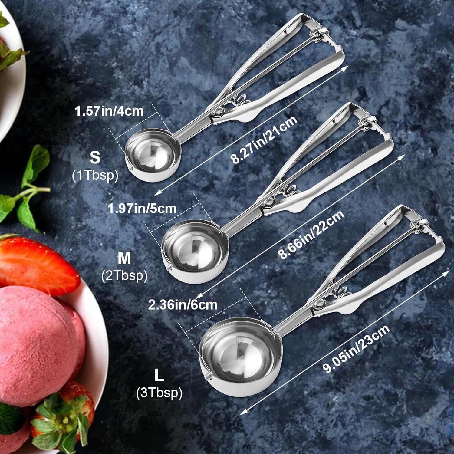 Cookie Scoop,Set of 3 Cookie Dough Scoops for Baking 1 Tbsp,2 Tbsp,3 Tbsp,Stainless Steel Ice Cream Scooper with Trigger Release for Cupcake,Ice Cream,Muffin,Meatball,Melonball - Image 4