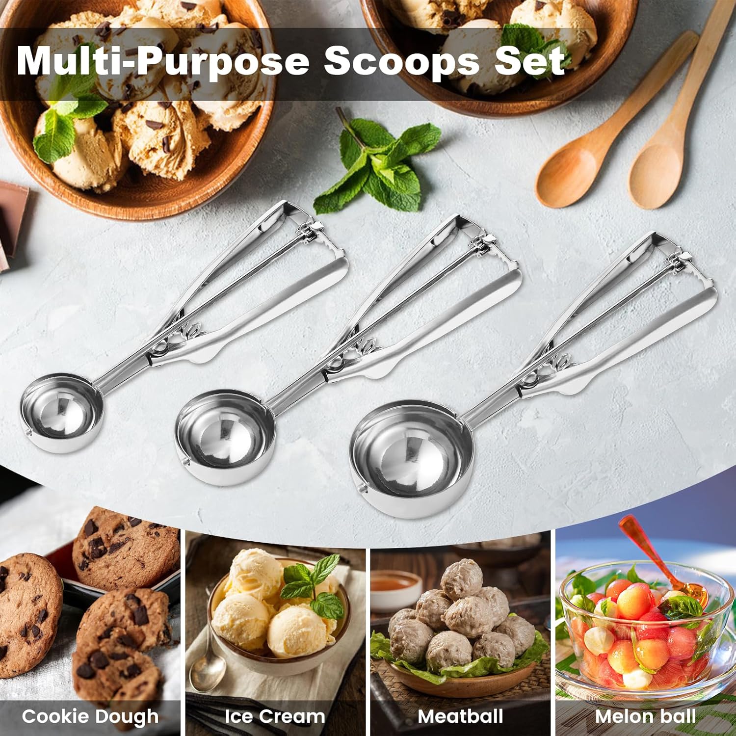 Cookie Scoop,Set of 3 Cookie Dough Scoops for Baking 1 Tbsp,2 Tbsp,3 Tbsp,Stainless Steel Ice Cream Scooper with Trigger Release for Cupcake,Ice Cream,Muffin,Meatball,Melonball - Image 7