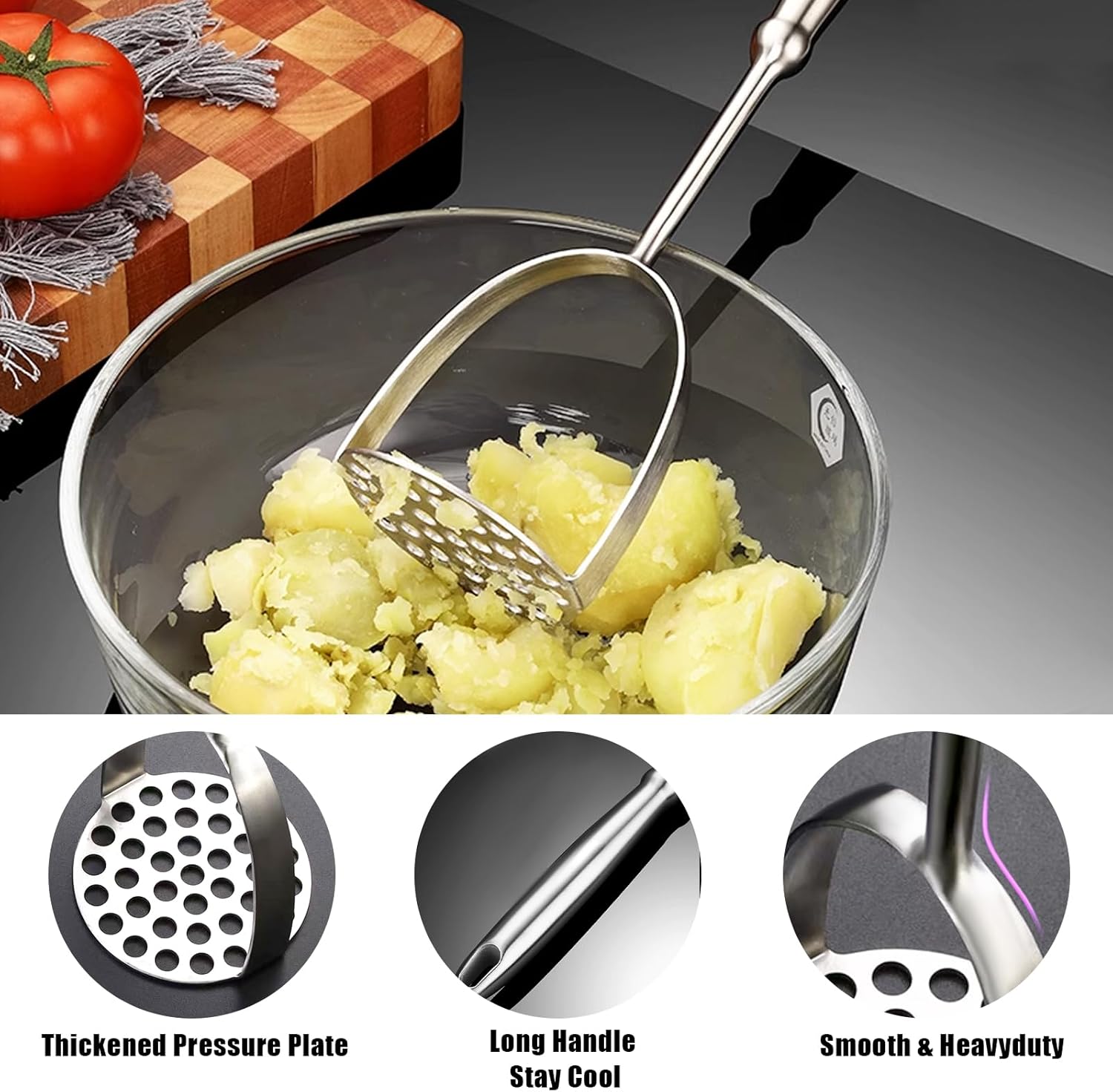 Potato Masher,Stainless Steel Mashed Potatoes Masher with Long Handle for Beans,Avocado,Fruit,Vegetables.One Piece Construction Heavy Duty Masher Kitchen Tool - Image 2