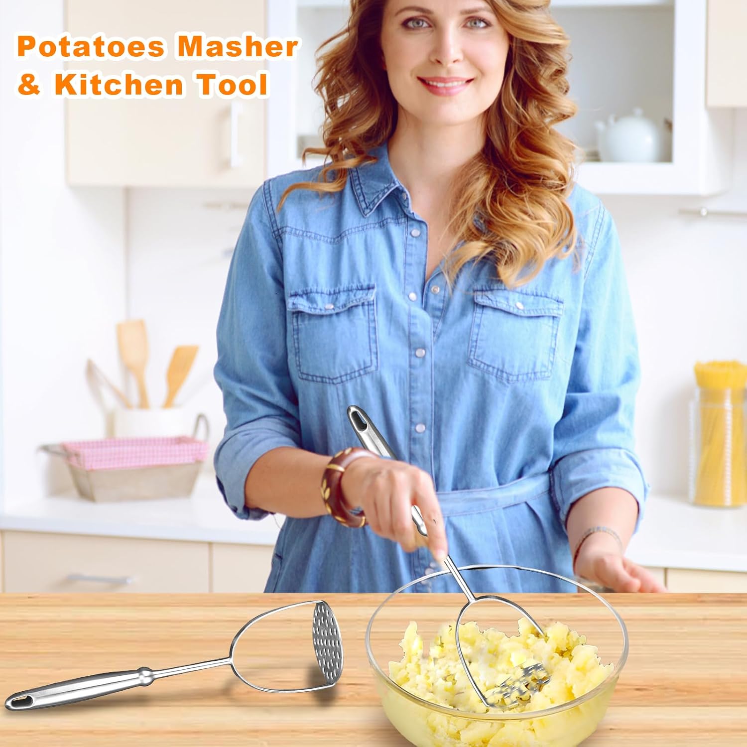Potato Masher,Stainless Steel Mashed Potatoes Masher with Long Handle for Beans,Avocado,Fruit,Vegetables.One Piece Construction Heavy Duty Masher Kitchen Tool - Image 3
