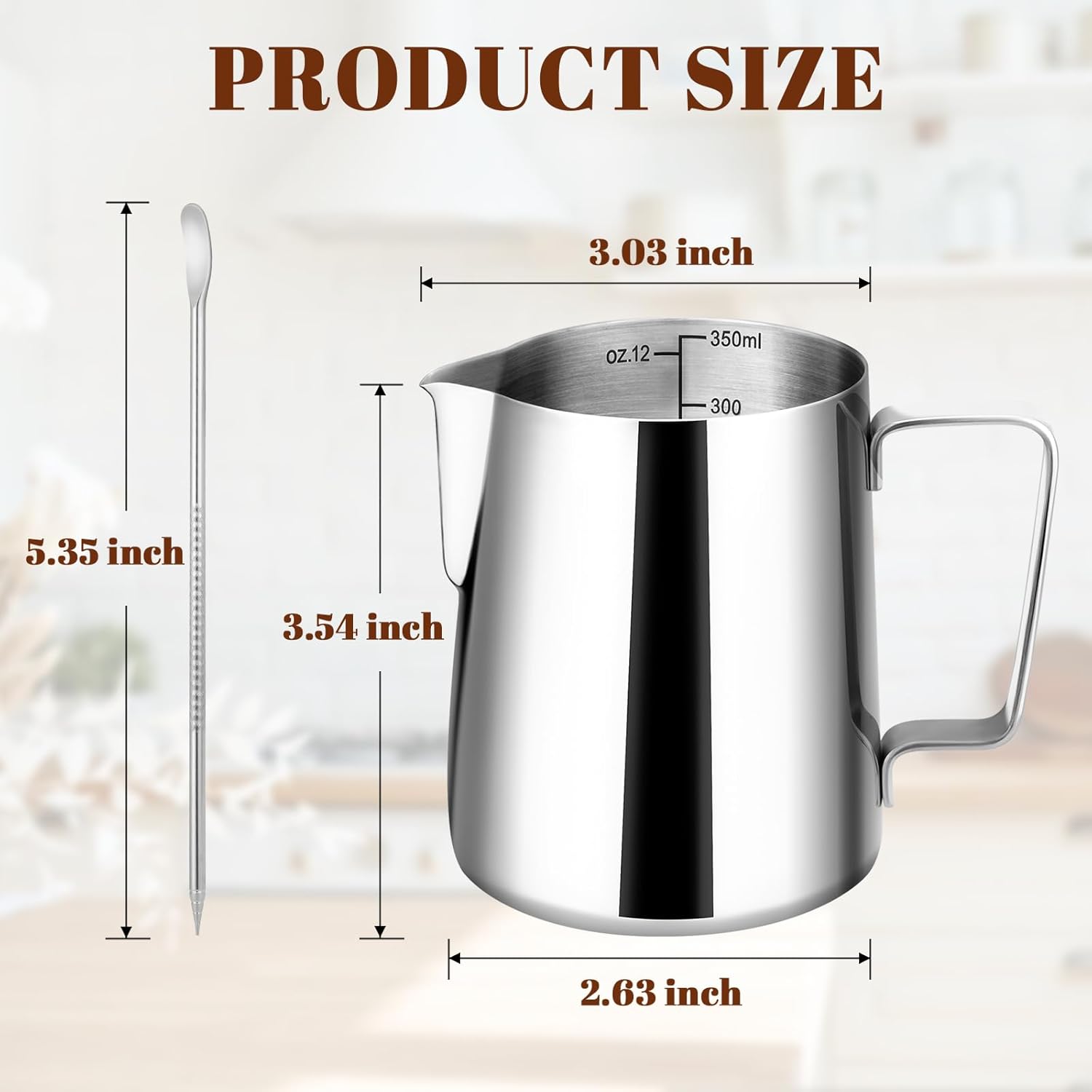 Milk Frothing Pitcher, 12oz Milk Frother Cup with Clear Scale, 304 Stainless Steel Cappuccino Espresso Machine Accessories for Barista Coffee Bar with Latte Art Pen, Silver - Image 2
